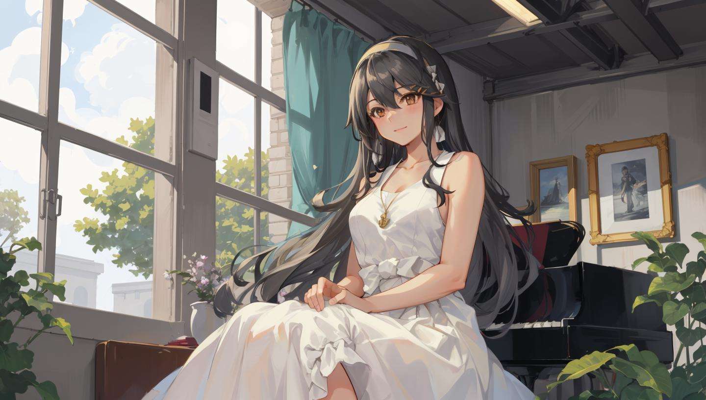 masterpiece, best quality, 1girl, solo,a beautiful, mature lady sitting alongside window,  concert hall, beautiful sky, glorious, kind smile, relaxed, light blush, piano, hall,<lora:HarunaV2C-000009:1> ,[haruna \(kancolle\):0.8], black hair, gold eyes, long hair, hairclip,  (white hairband, white dress, formal:1.4), bare shoulders, sleeveless dress,  hair flower, cleavage, cleavage cutout, collarbone, necklace, anchor necklace,  sleeveless turtleneck, 