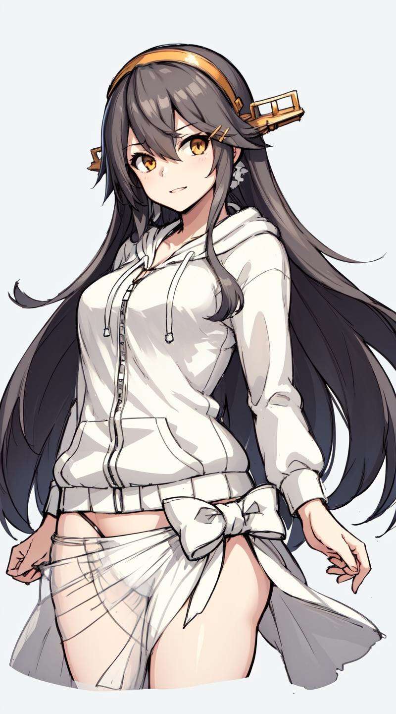 masterpiece, best quality,  (1girl, solo), (simple background,white background:1.3), (straight-on:1.5), solo focus, looking at viewer, facing viewer, standing,  light smile, (cropped legs), flat color,, HarunaSummer, [haruna \(kancolle\):0.8], black hair, gold eyes, long hair, hairclips, headgear, hairband, (white bikini, white hoodie, topless, unzipped,:1.3), (white sarong:1.3),bare legs, cleavage, collarbone,