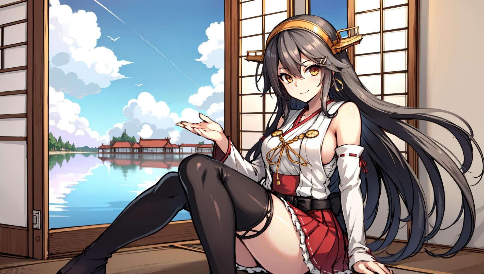 masterpiece, best quality, smile,HarunaOG, 1girl, solo, [haruna \(kancolle\):0.5], black hair, gold eyes, long hair, hairclip, hairband, headgear, nontraditional miko, bare shoulders, red skirt, breast bondage, sideboob,  pleated skirt, hakama short skirt, wide sleeves, detached sleeves, waist bow, thigh boots, thighhighs,<lora:HarunaV2C-000009:1>, looking at viewer, sitting, wooden floor,  east asian architecture, indoors, holding hands, seiza, beautiful sky, sliding doors, open doors, scenery, lake, garden, alien