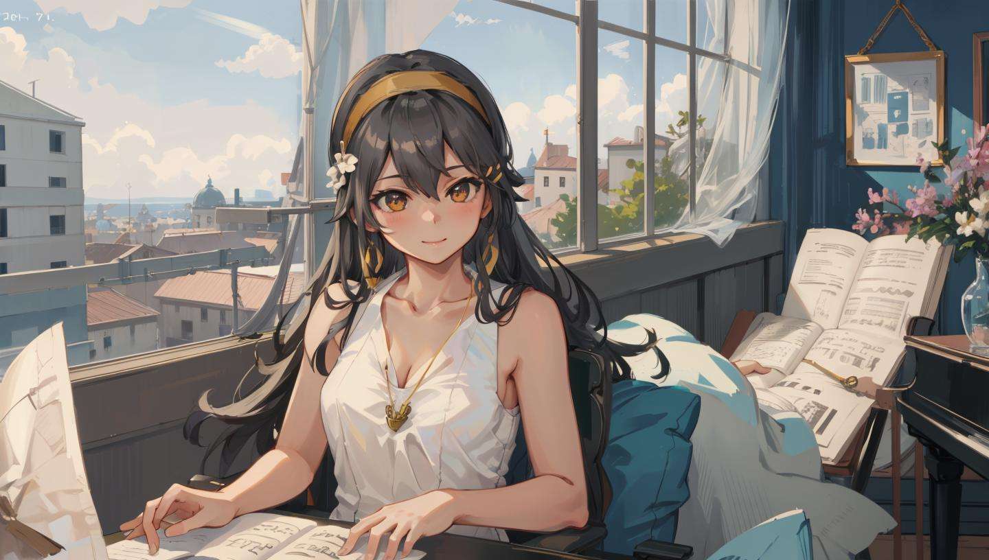 masterpiece, best quality, 1girl, solo,a beautiful, mature lady sitting alongside window,  concert hall, beautiful sky, glorious, kind smile, relaxed, light blush, piano, hall,<lora:HarunaV2C-000009:1> ,[haruna \(kancolle\):0.8], black hair, gold eyes, long hair, hairclip,  (white hairband, white dress, formal:1.4), bare shoulders, sleeveless dress,  hair flower, cleavage, cleavage cutout, collarbone, necklace, anchor necklace,  sleeveless turtleneck, 