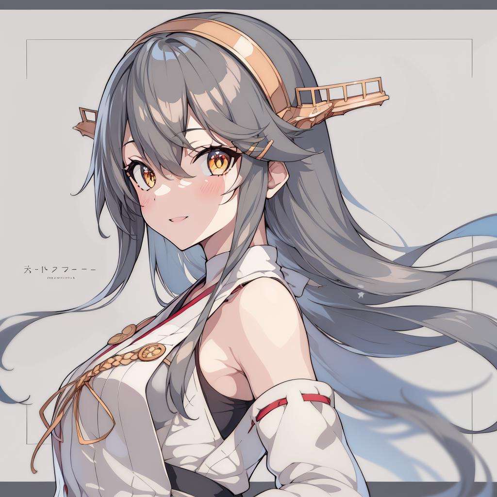 1girl, solo,  wooden floor,masterpiece, hires, absurdres, best quality, <lora:HarunaV2C-000009:0.9>, HarunaOG, 1girl, solo,  [haruna \(kancolle\):0.8], black hair, gold eyes, long hair, hairclip, hairband, headgear, nontraditional miko, sarashi, bare shoulders, wide sleeves, portrait, close-up, simple background,  <lora:[Art]ligneClaireStyleCogecha_30:0.3> , white background, hands out of frame, <lora:[Art]mochidukiKeiArtStyle_v10:0.3>, hands on hip, cropped torso,  smile, light smile <lora:[Fix]beautifulDetailedEyes_v10:0.3>, outside border, white border, looking at viewer, from side,  