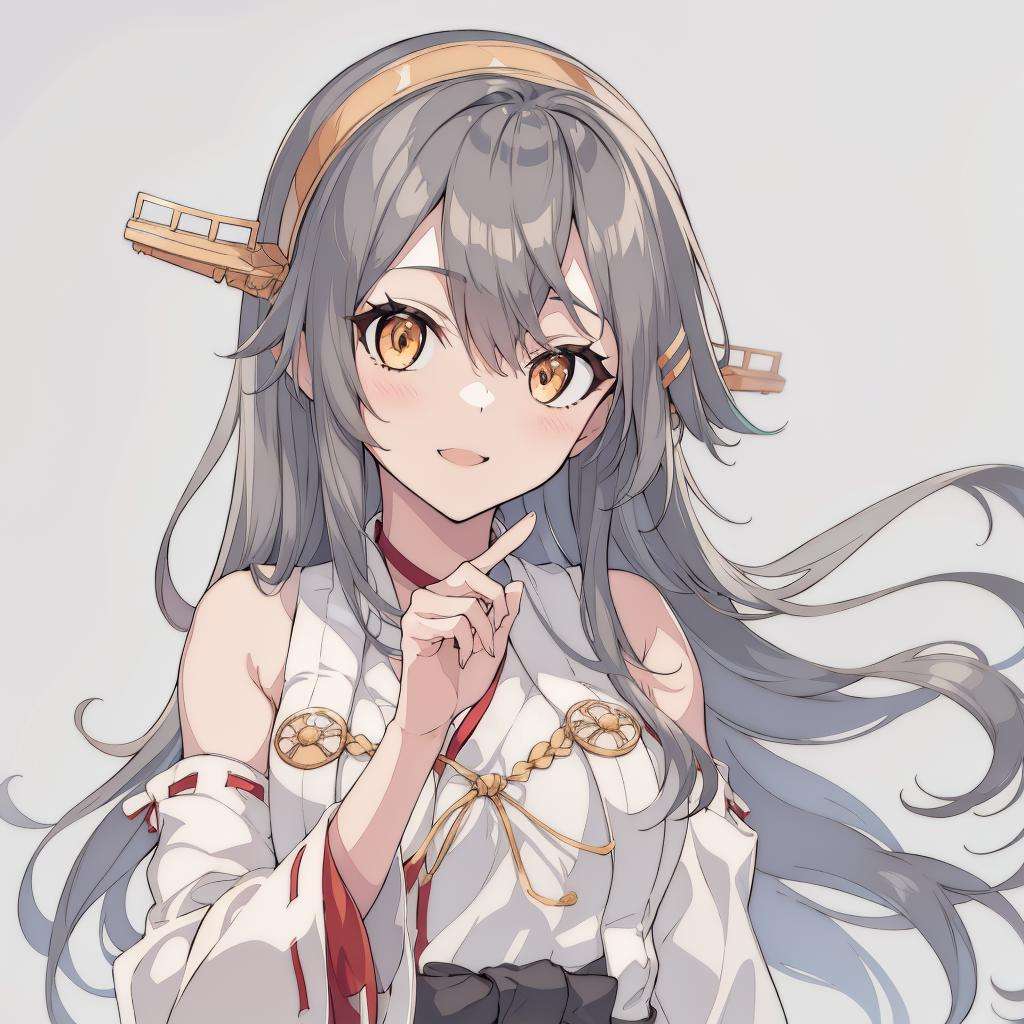 1girl, solo,  wooden floor,masterpiece, hires, absurdres, best quality, <lora:HarunaV2C-000009:0.9>, HarunaOG, 1girl, solo,  [haruna \(kancolle\):0.8], black hair, gold eyes, long hair, hairclip, hairband, headgear, nontraditional miko, sarashi, bare shoulders, wide sleeves, portrait, close-up, simple background,  <lora:[Art]ligneClaireStyleCogecha_30:0.5> , white background, hands out of frame, <lora:[Art]mochidukiKeiArtStyle_v10:0.3>. finger to mouth,  smile, light smile detailed