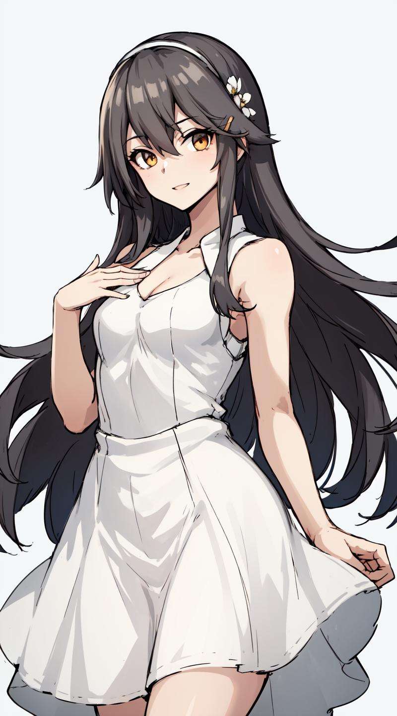 masterpiece, best quality,  (1girl, solo), (simple background,white background:1.3), (straight-on:1.5), solo focus, looking at viewer, facing viewer, standing,  light smile, (cropped legs), flat color,, 1girl, solo,  [haruna \(kancolle\):0.8], black hair, gold eyes, long hair, hairclip,  (white dress, formal:1.4), bare shoulders, sleeveless dress,  hair flower, cleavage cutout, collarbone,