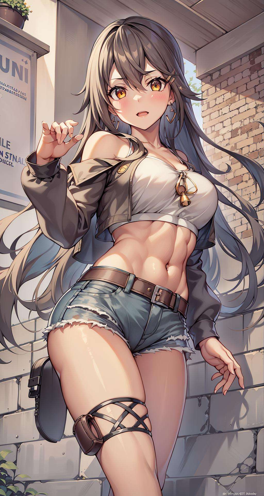 1girl, solo,  [haruna \(kancolle\):0.8], black hair, gold eyes, long hair, hairclip, muscular female, narrow waist, highlights, earrings,arm belt,covered collarbone,narrow waist,criss-cross_halter, crop top,short jacket,denim_shorts,legs apart,standing,(Leg straps), sexy, ankle_socks, alley, building, from side, looking at viewer,((Masterpiece)),Solo, Very Detailed Illustrations, (Super-Complex Detail), Perfect Detail Features, (Best Lighting), (2d illustration), <lora:HarunaV2C-000009:1>,  depth of feild,  ily