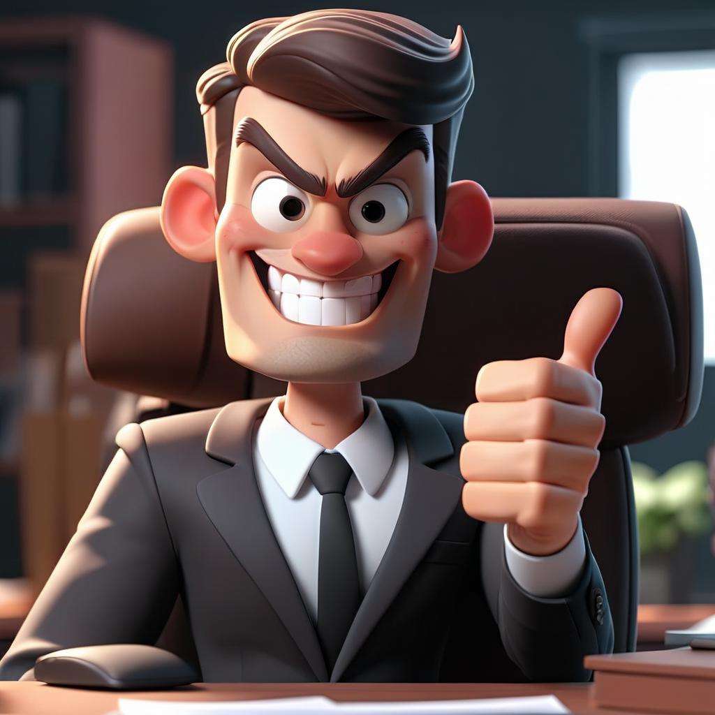 3D cinematic film.(caricature:0.2). 4k, highly detailed,handsome young businessman smiling and gesturing a double thumbs up while working in his office cubicle.
