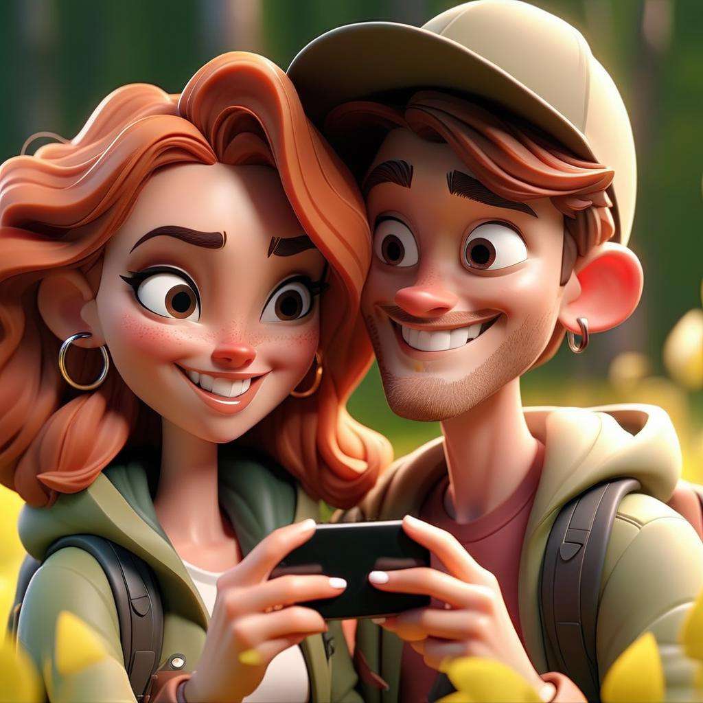 3D cinematic film.(caricature:0.2). 4k, highly detailed, Smiling woman taking selfie with boyfriend through smart phone, backpackers,nose ring, nature background