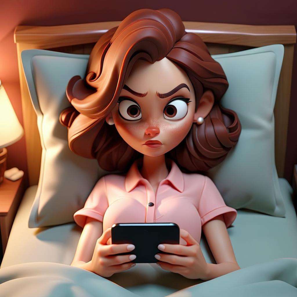 3D cinematic film.(caricature:0.2). 4k, highly detailed, woman using her smartphone on the bed, overhead view