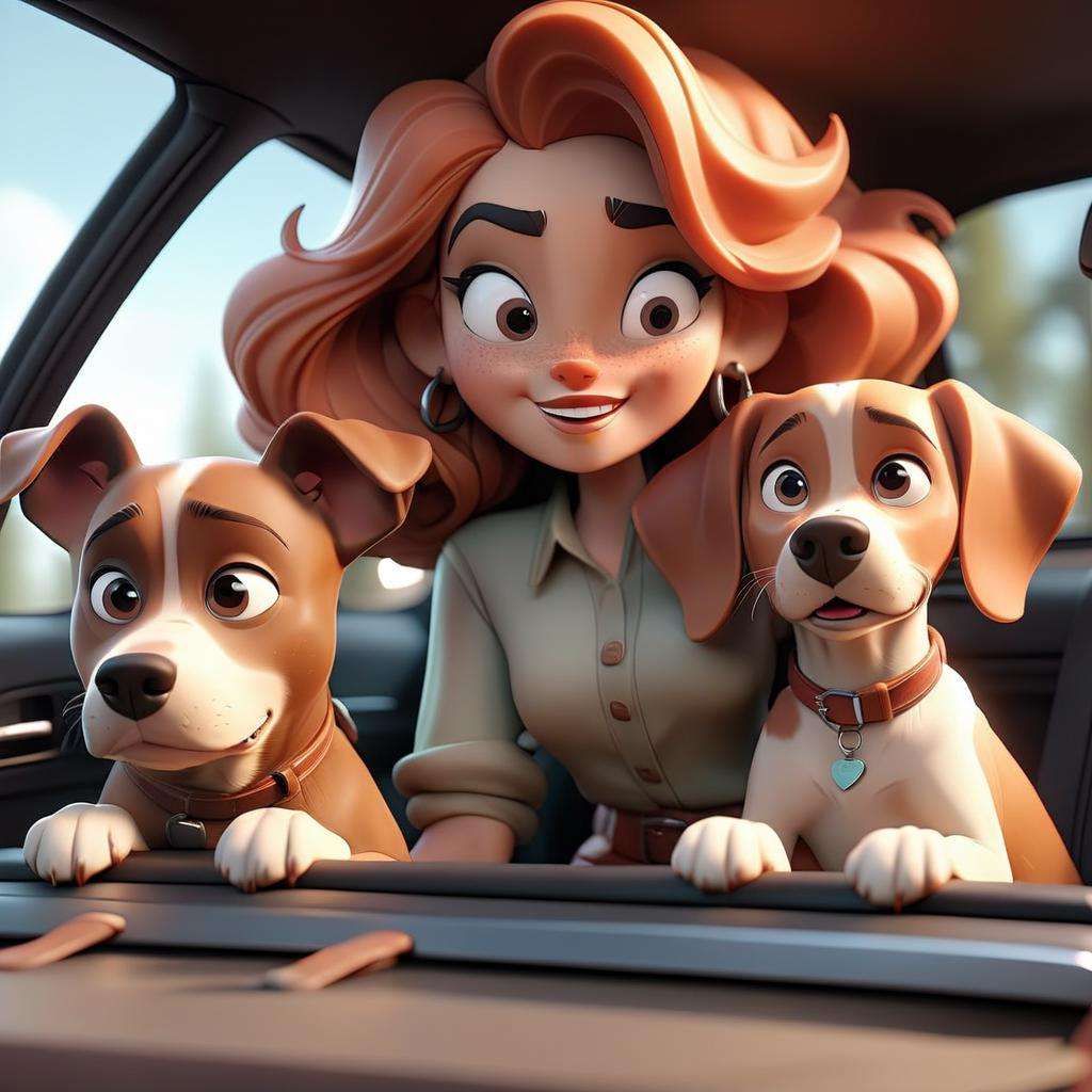 3D cinematic film.(caricature:0.2). 4k, highly detailed, young smiling woman and her dog sitting the trunk of a car during roadtrip