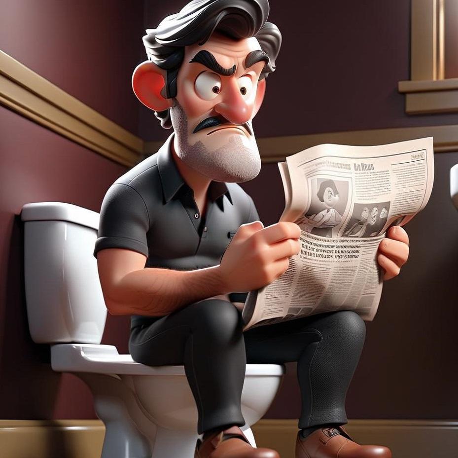 3D cinematic film.(caricature:0.2). 4k, highly detailed,Man Sitting on Toilet and Reading Newspaper