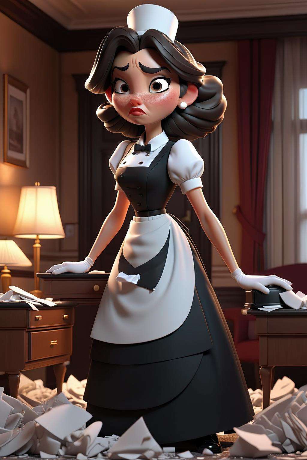 3D cinematic film.(caricature:0.2). 4k, highly detailed,Chambermaid standing in trashed hotel room 