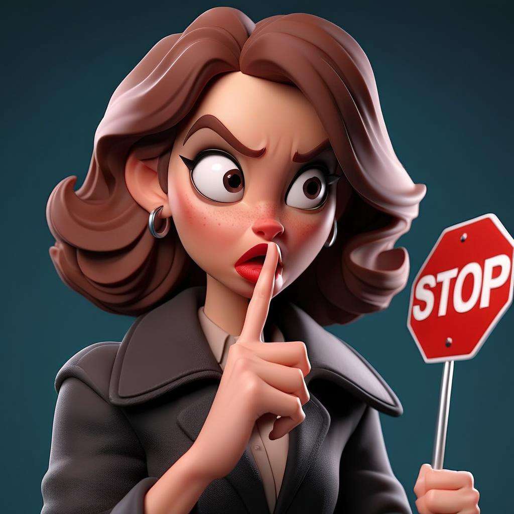 3D cinematic film.(caricature:0.2). 4k, highly detailed,Woman with finger on lips showing Stop Sign