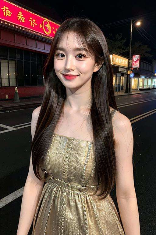 best quality, ((long face)), 1girl, solo, realistic, photorealistic, (extremely detailed face), ultra-detailed eyes and pupils, ultra detailed, serious expression, standing in street at night, cute dress, ((looking straight)), sleeveless, smile, <lora:haewonlorashy:1>