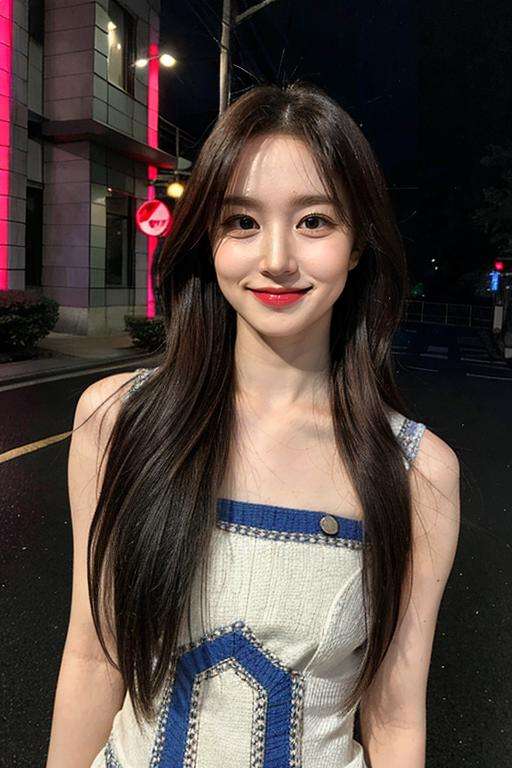 best quality, ((long face)), 1girl, solo, realistic, photorealistic, (extremely detailed face), ultra-detailed eyes and pupils, ultra detailed, serious expression, standing in street at night, cute dress, ((looking straight)), sleeveless, smile, <lora:haewonlorashy:1>