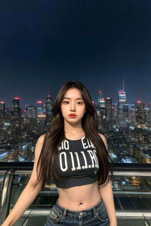 Fujifilm XT3, 8k,close up photo, masterpiece, best quality, (((1girl))), solo,realistic, ((looking at viewer)), photorealistic, (extremely detailed face), looking at viewer, ((ultra-detailed eyes and pupils)), ultra detailed, serious expression, cropped top,shirts, ((standing against a city skyline at night)), (rooftop), crop top, ((navel)), <lora:haewonlorashy:1>