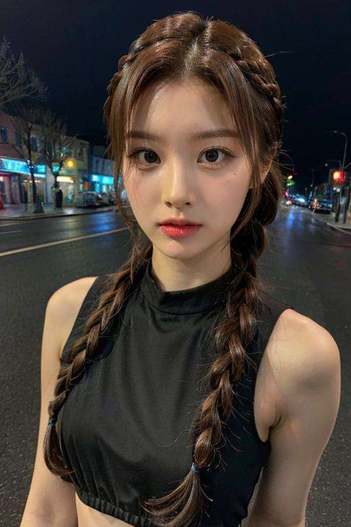 Fujifilm XT3, 8k, close up photo, masterpiece, small eyes, best quality, (((1girl))), solo, realistic, ((looking at viewer)), photorealistic, (extremely detailed face), looking at viewer, ((ultra-detailed eyes and pupils)), ultra detailed, serious expression, cropped top, standing in street at night, cute dress, braid, sleeveless, <lora:sullyoonlorashy:0.85>