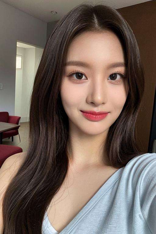 1girl,(masterpiece:1.2), (best quality:1.2), (extremely detailed), broad shoulder, (selfie from center front), (extremely detailed face), (((ultra-detailed eyes and pupils))), (ultra detailed), 8k, photorealistic, pretty face, instagram shot, instagram style, in the bedroom, looking at viewer, facing front, perfect skin, cinematic lighting, fair skin, black eyes, upper body, portrait photo, slim, slender, no makeup, nikon RAW photo, 8k ,Fujifilm XT3, photorealistic, detailed face, fair skin, perfect shape, indoors, dim lighting, smile, (looking at viewer:1.2), <lora:sullyoonlorashy:1>