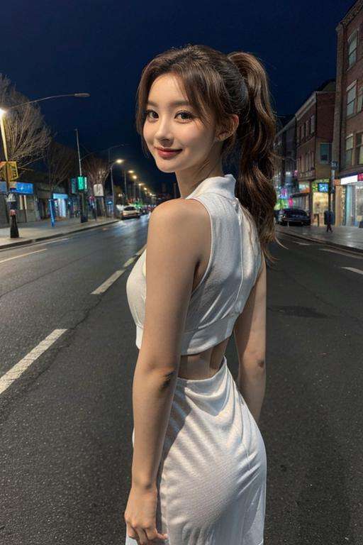 Fujifilm XT3, 8k, close up photo, masterpiece, small eyes, best quality, (((1girl))), solo, realistic, ((looking at viewer)), photorealistic, (extremely detailed face), looking at viewer, ((ultra-detailed eyes and pupils)), ultra detailed, serious expression, looking back, cropped top, ( standing in street at night, cute dress, low ponytail, sleeveless, smile,  <lora:sullyoonlorashy:0.85>