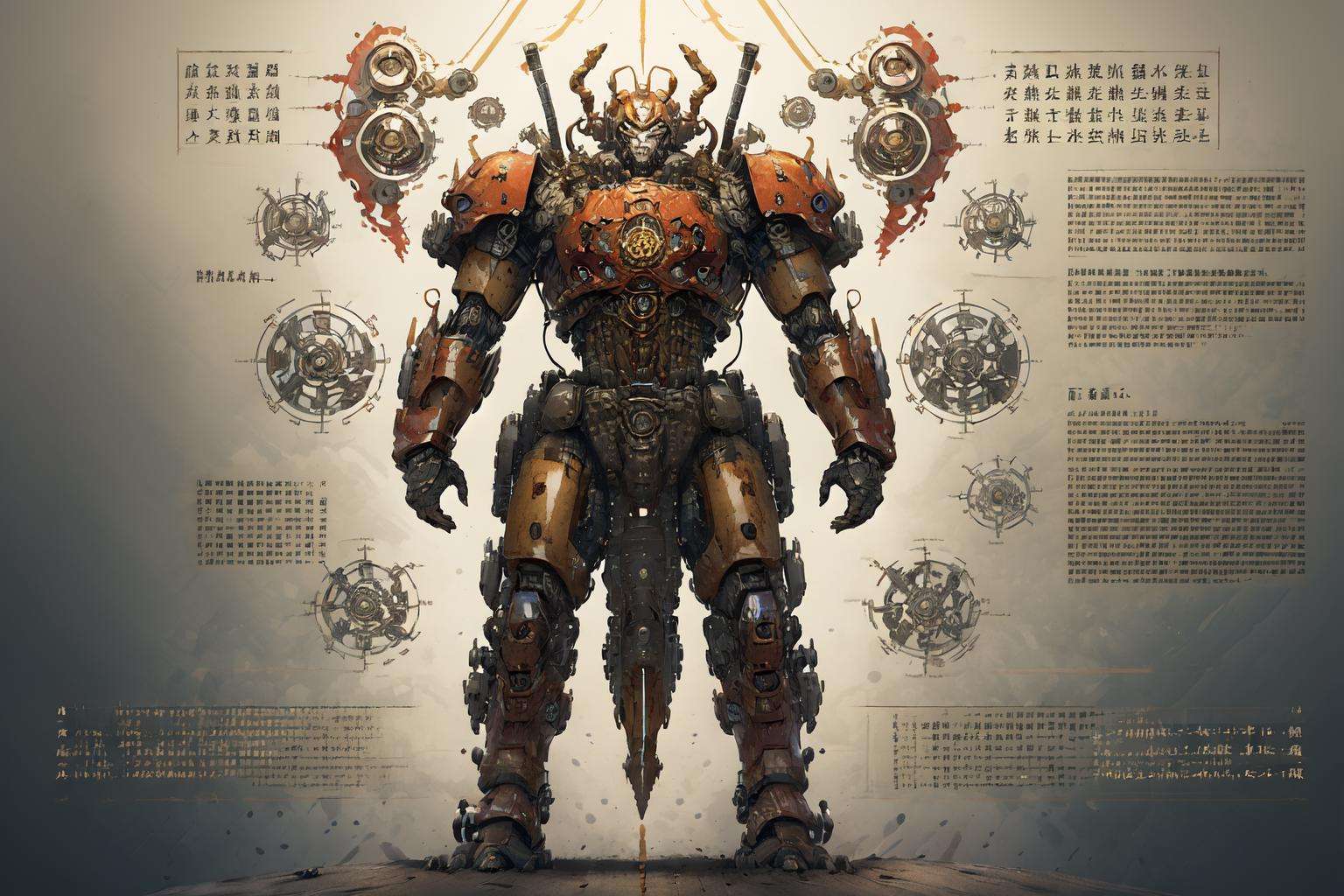 best quality, master piece, 1 mecha ,  strong, red chinese armor,   engineering map， text, sword，gun, weapon, <lora:QMDJ:0.8>