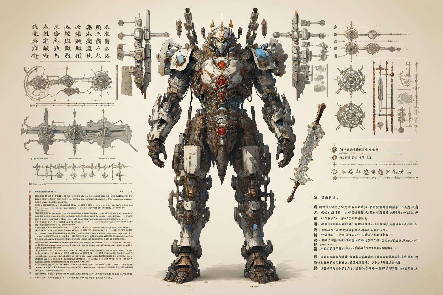 best quality, master piece, 1 mecha ,  strong, red chinese armor,   engineering map， text, sword，gun, weapon, <lora:QMDJ:0.8>