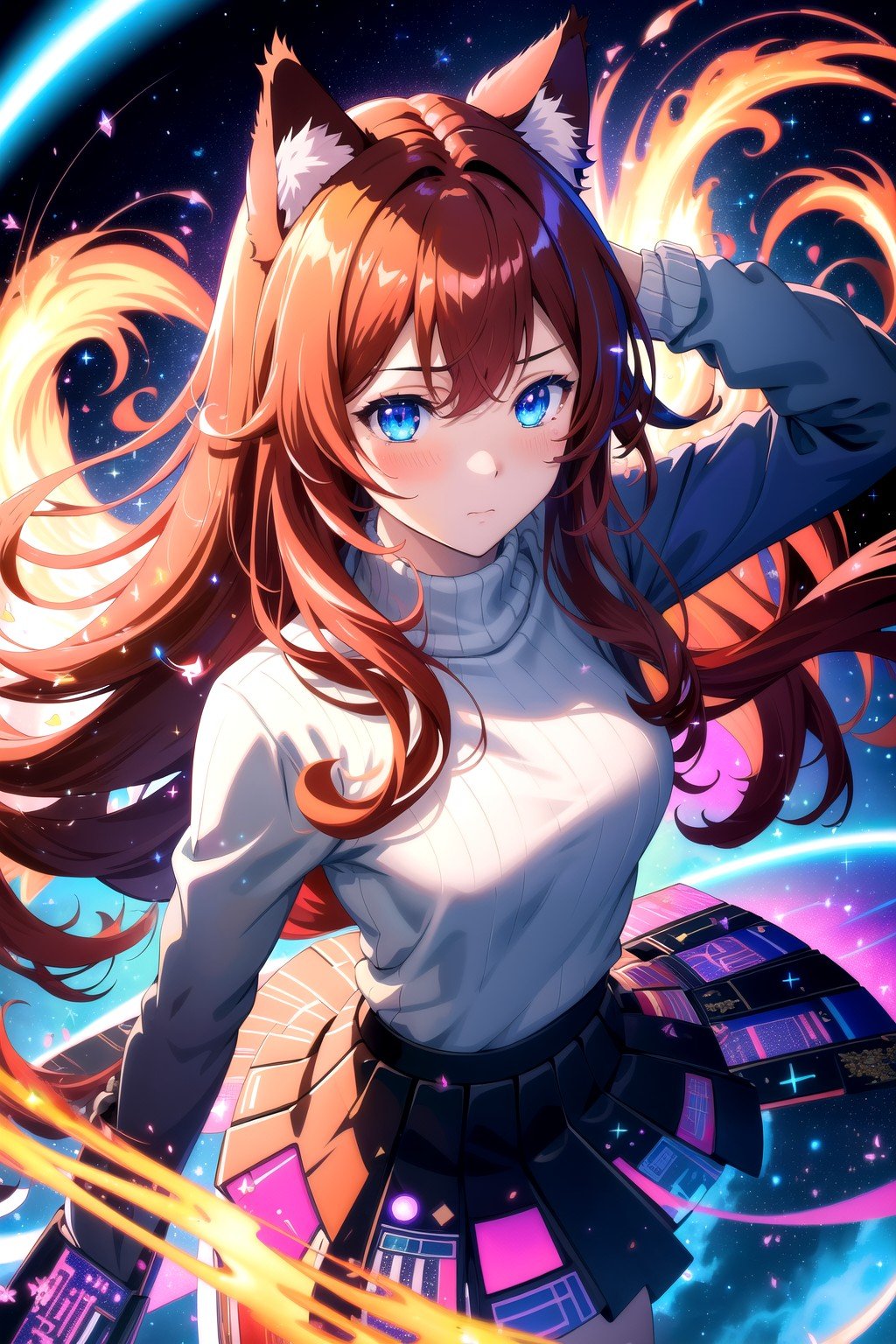 (masterpiece, best quality, highres), anime art style, pixiv, 1girl, solo,abstract, abstract background, (bloom, swirling lights, light particles), floating, romanticized, blush, emotional, cat ears, fire, galaxy,dark red hair, blue eyes, long hair, straight hair, from above,medium breasts, mature female, sweater,