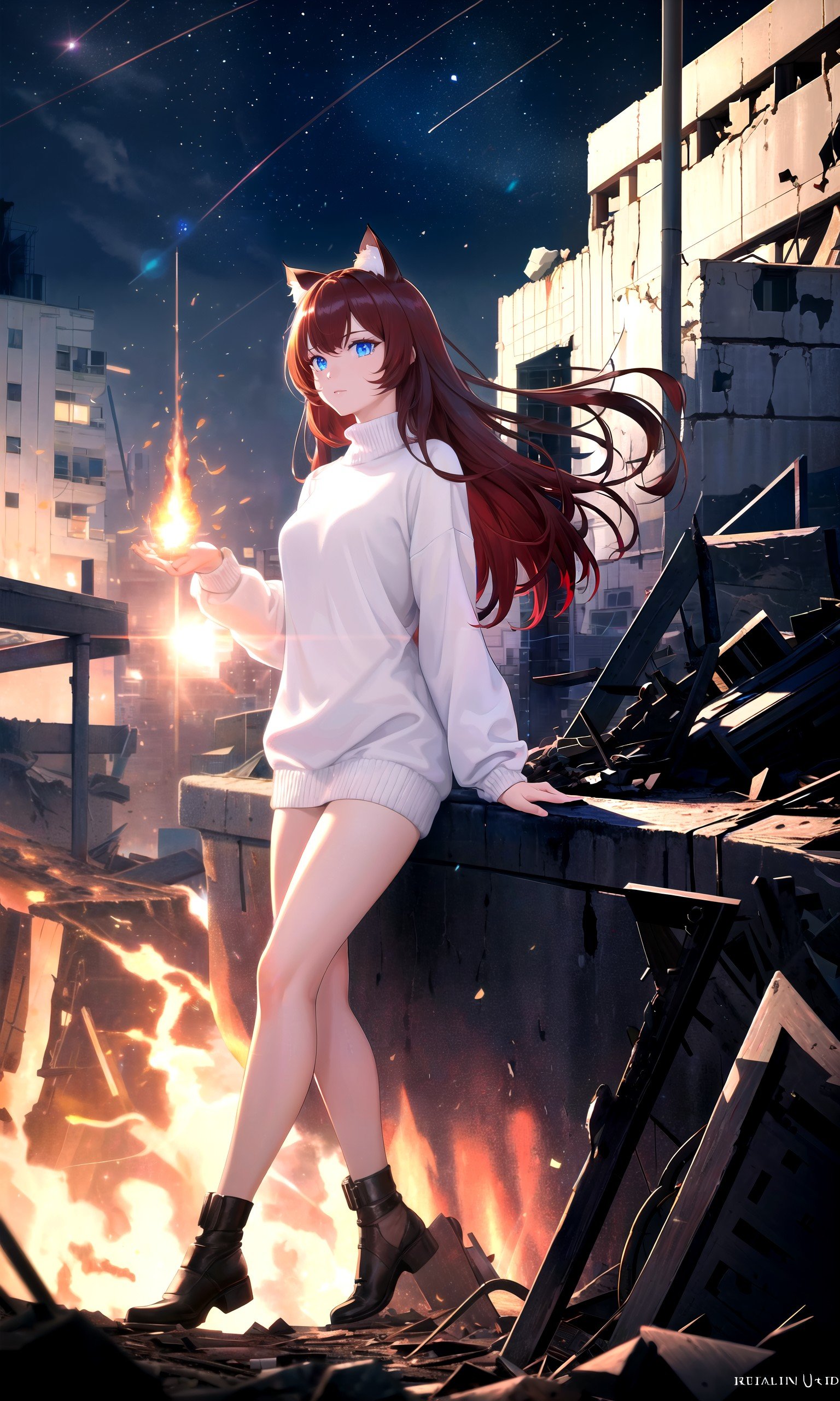 (masterpiece, best quality, highres), 1girl, solo, pov, full body,BREAKfire, explosion, collapsed buildings, post-apocalypse, night, nuclear, magic,lens flare, light scatter, depth of field, lens refraction,BREAKdark red hair, (long hair:0.9), blue eyes, straight hair, cat ears,(medium breasts:0.75), mature female, white sweater,