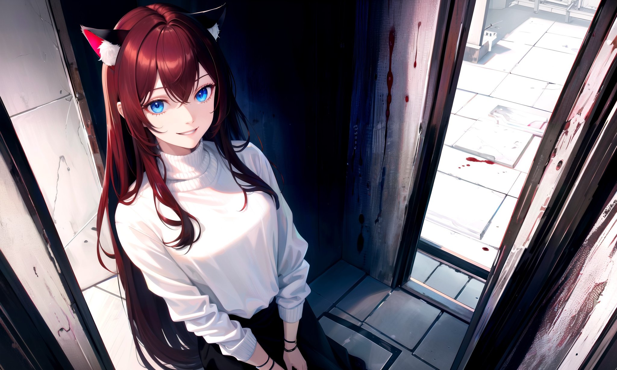 (masterpiece, best quality, highres), 1girl, solo, close-up, pov, no humans, from above,(backrooms, horror \(theme\)), indoors, dark, rim lighting, blood, pitch black,BREAKdark red hair, (long hair:0.8), blue eyes, straight hair, cat ears, crazy smile,(medium breasts:0.8), mature female, white sweater, (fingers:0.25),