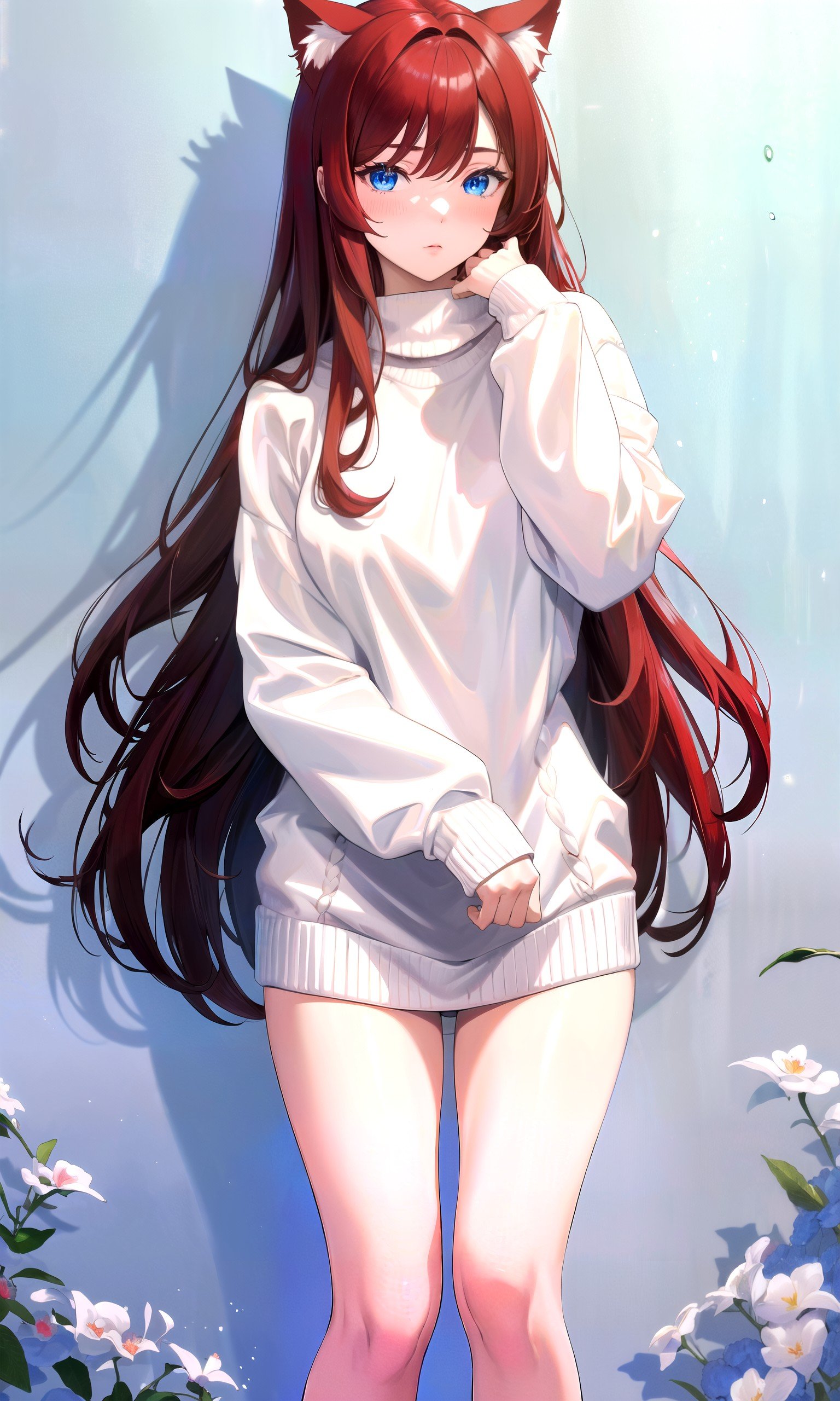 (masterpiece, best quality, highres), 1girl, solo, pov, praying,BREAKdark red hair, (long hair:0.9), blue eyes, straight hair, cat ears,(medium breasts:0.75), mature female, white sweater, blush, looking at viewer,