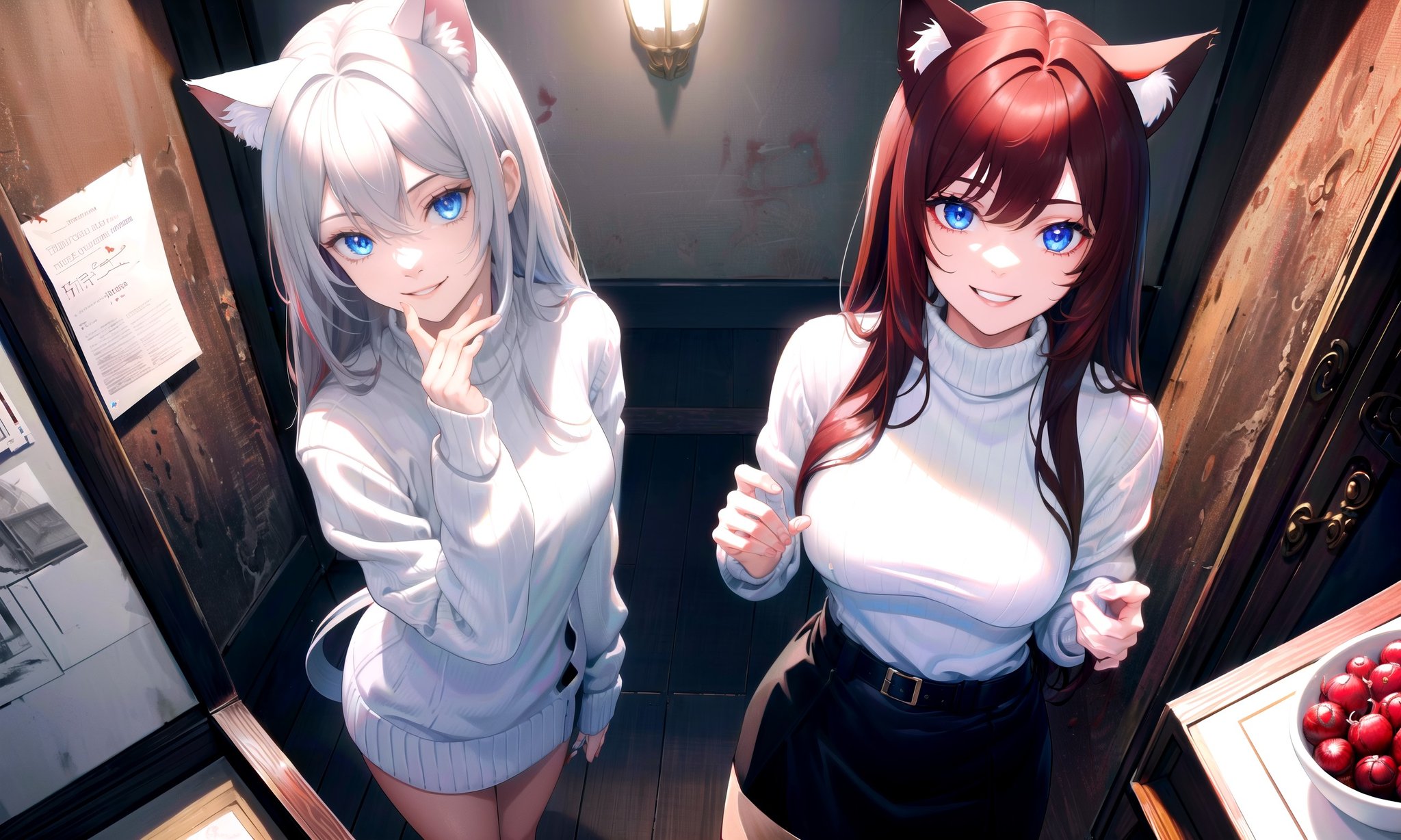 (masterpiece, best quality, highres), 1girl, solo, close-up, no humans, from above,(backrooms, horror \(theme\)), indoors, dark, rim lighting, blood,BREAKdark red hair, (long hair:0.8), blue eyes, straight hair, cat ears, crazy smile,(medium breasts:0.8), mature female, white sweater, (fingers:0.25)