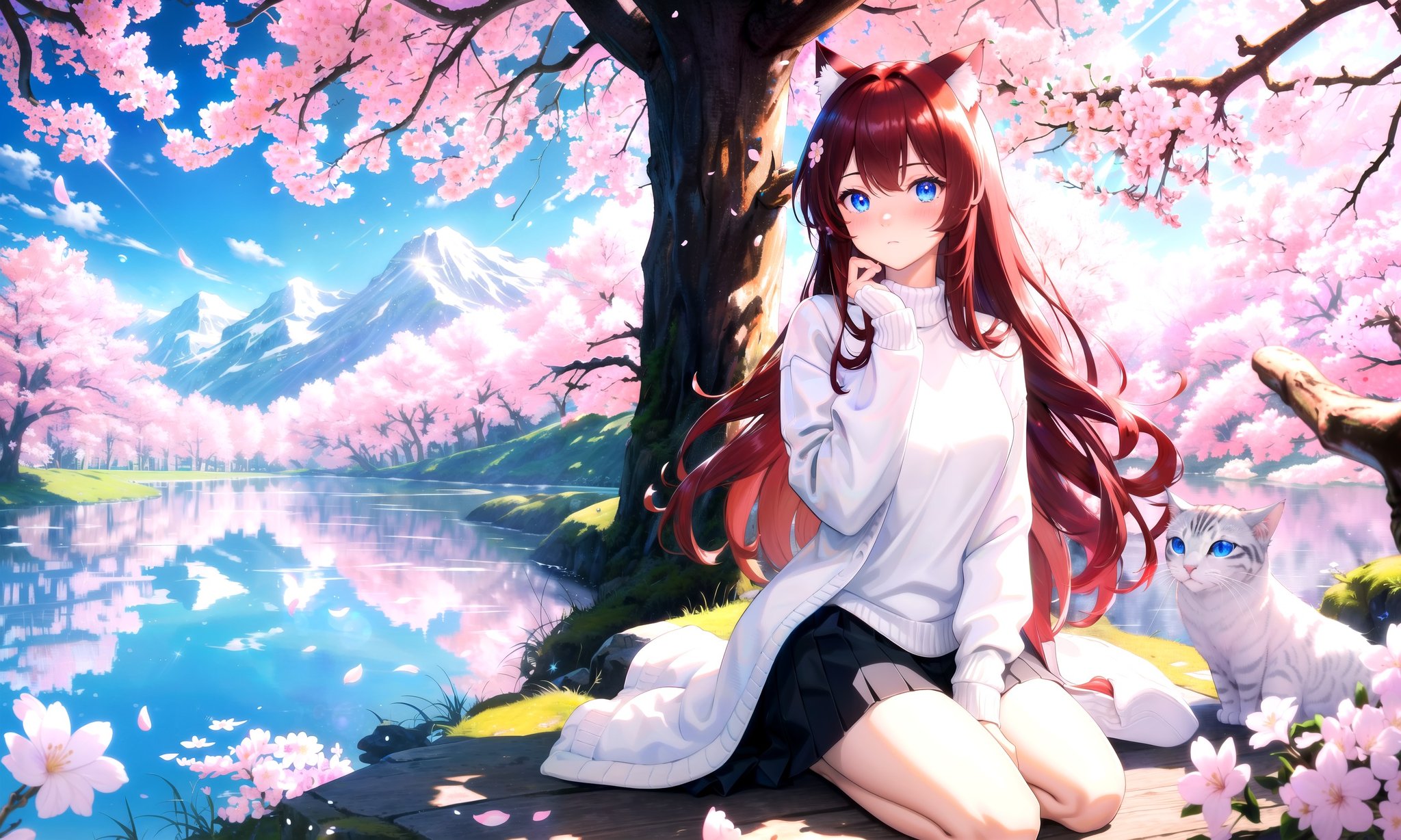 (masterpiece, best quality, highres), 1girl, solo, seiza,BREAKscenery, cherry blossoms, flowers, shrine, sitting, mountainous horizon,lens flare, light scatter, depth of field, lens refraction,BREAKdark red hair, (long hair:0.8), blue eyes, straight hair, cat ears, blush,(medium breasts:0.8), mature female, (white sweater:1.1),