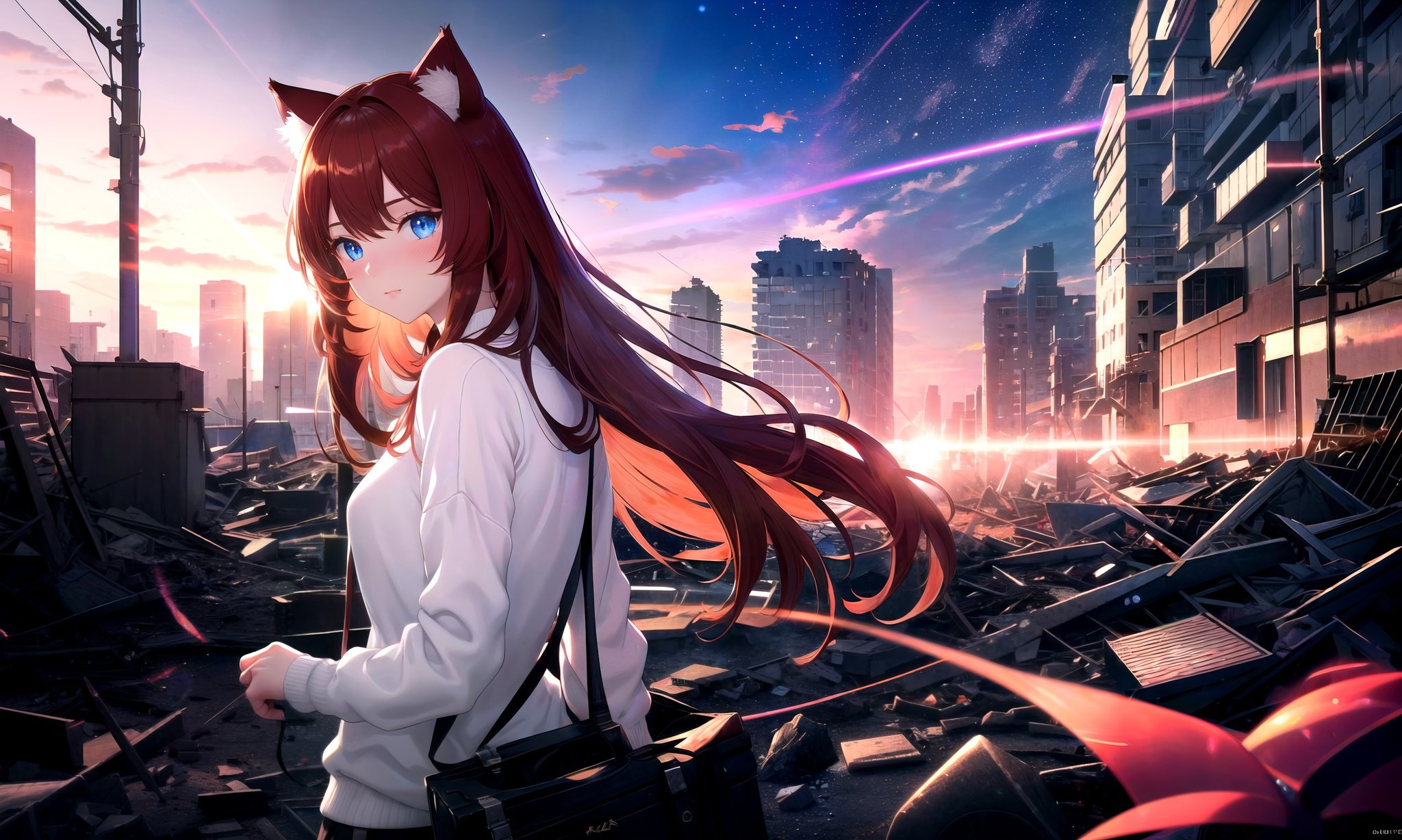 (masterpiece, best quality, highres), 1girl, solo, pov, looking back,BREAKexplosion, collapsed buildings, post-apocalypse, night, nuclear, magic, fire,lens flare, light scatter, depth of field, lens refraction,BREAKdark red hair, (long hair:0.9), blue eyes, straight hair, cat ears,(medium breasts:0.75), mature female, white sweater, blush, looking at viewer,