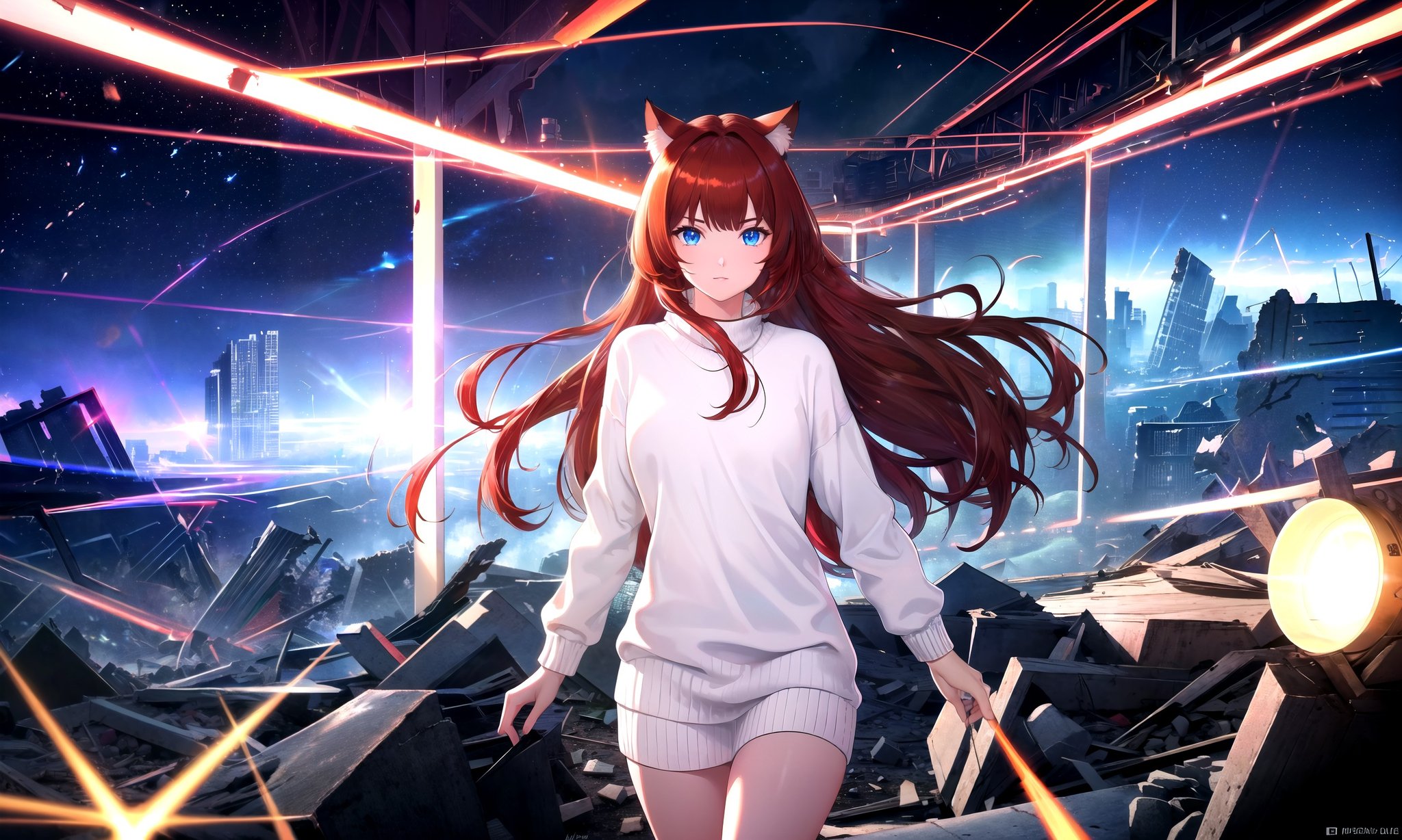 (masterpiece, best quality, highres), 1girl, solo, pov,BREAKexplosion, collapsed buildings, post-apocalypse, night, nuclear, magic,lens flare, light scatter, depth of field, lens refraction,BREAKdark red hair, (long hair:0.9), blue eyes, straight hair, cat ears,(medium breasts:0.75), mature female, white sweater,