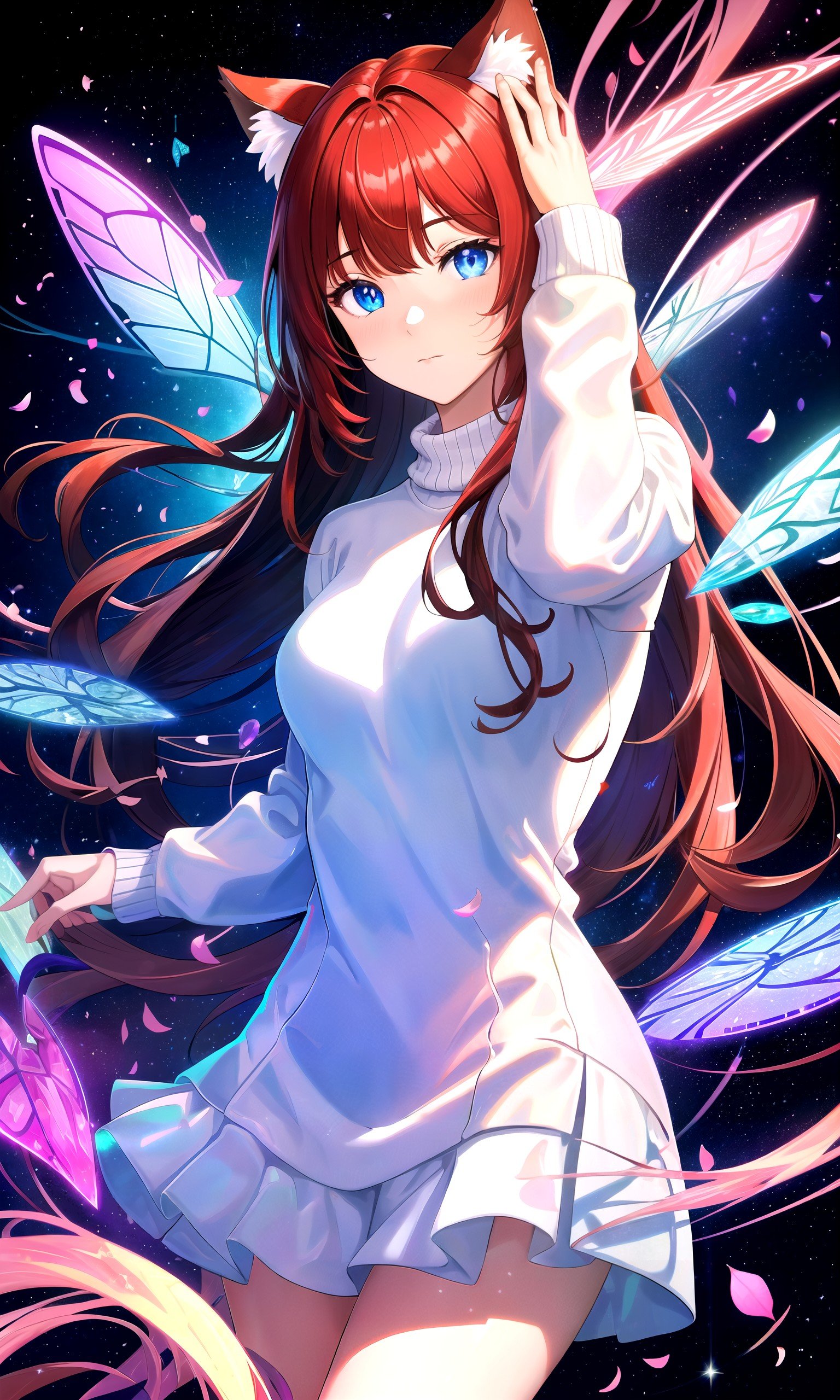 (masterpiece, best quality, highres), 1girl, solo, abstract, upper body,BREAK(fractals:1.28), (lineart background:1.1), colorful background,flowers, petals, rim lighting, crystals, butterfly, aura, magic,lens flare, light scatter, depth of field, lens refraction,BREAKdark red hair, (long hair:0.8), blue eyes, straight hair, cat ears, blush,(medium breasts:0.8), mature female, (white sweater:1.1),