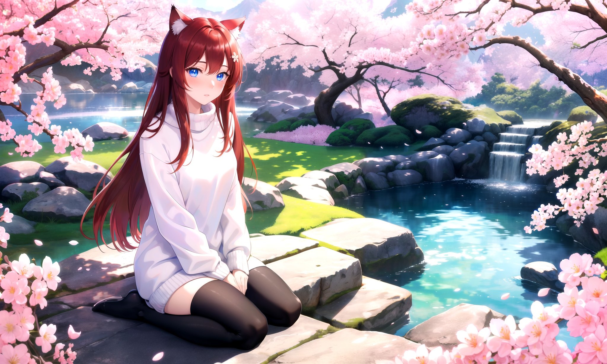 (masterpiece, best quality, highres), 1girl, solo, seiza,BREAKscenery, cherry blossoms, flowers, shrine, sitting, mountainous horizon,lens flare, light scatter, depth of field, lens refraction,BREAKdark red hair, (long hair:0.8), blue eyes, straight hair, cat ears, blush,(medium breasts:0.8), mature female, (white sweater:1.1),