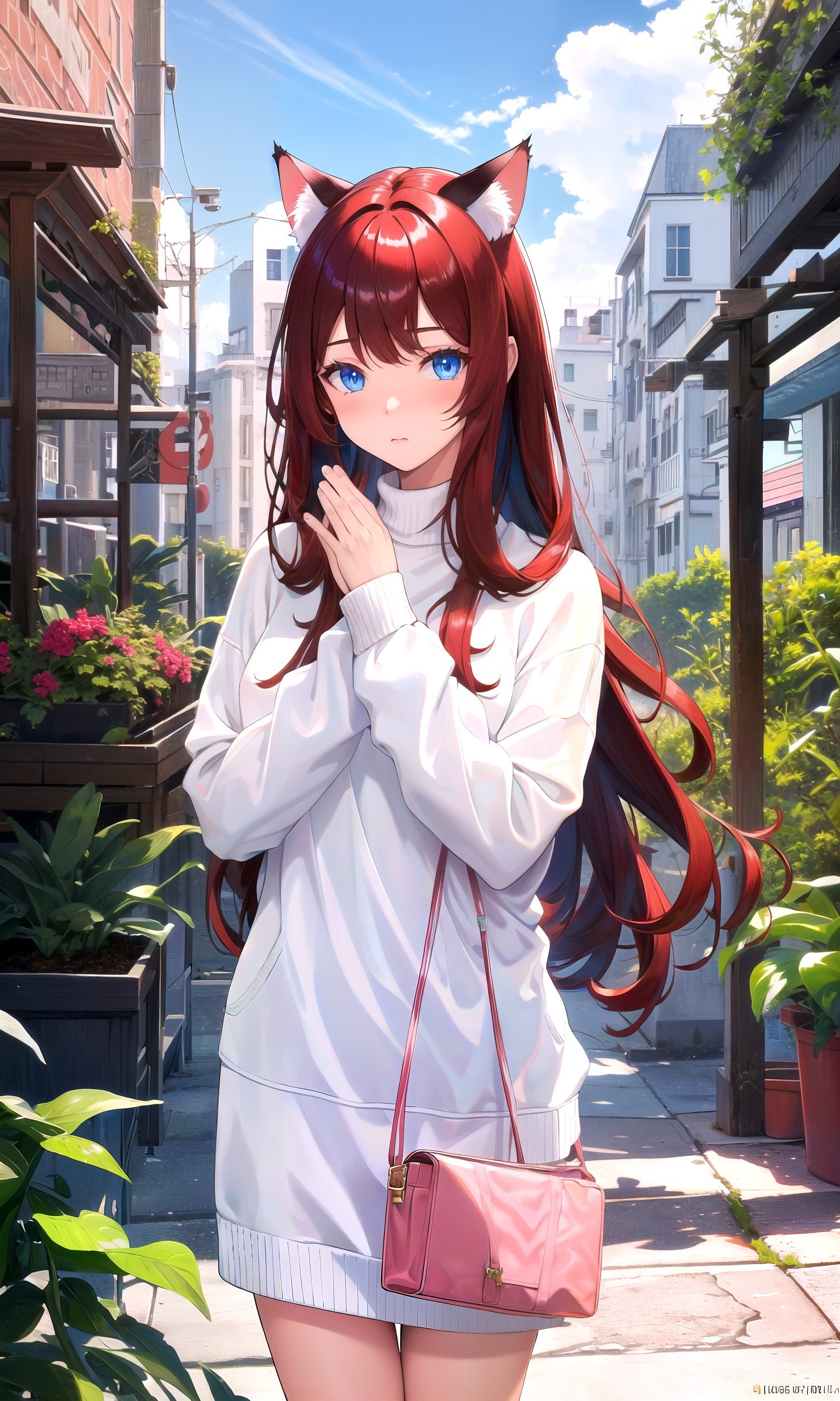 (masterpiece, best quality, highres), 1girl, solo, pov, praying,BREAKdark red hair, (long hair:0.9), blue eyes, straight hair, cat ears,(medium breasts:0.75), mature female, white sweater, blush, looking at viewer,