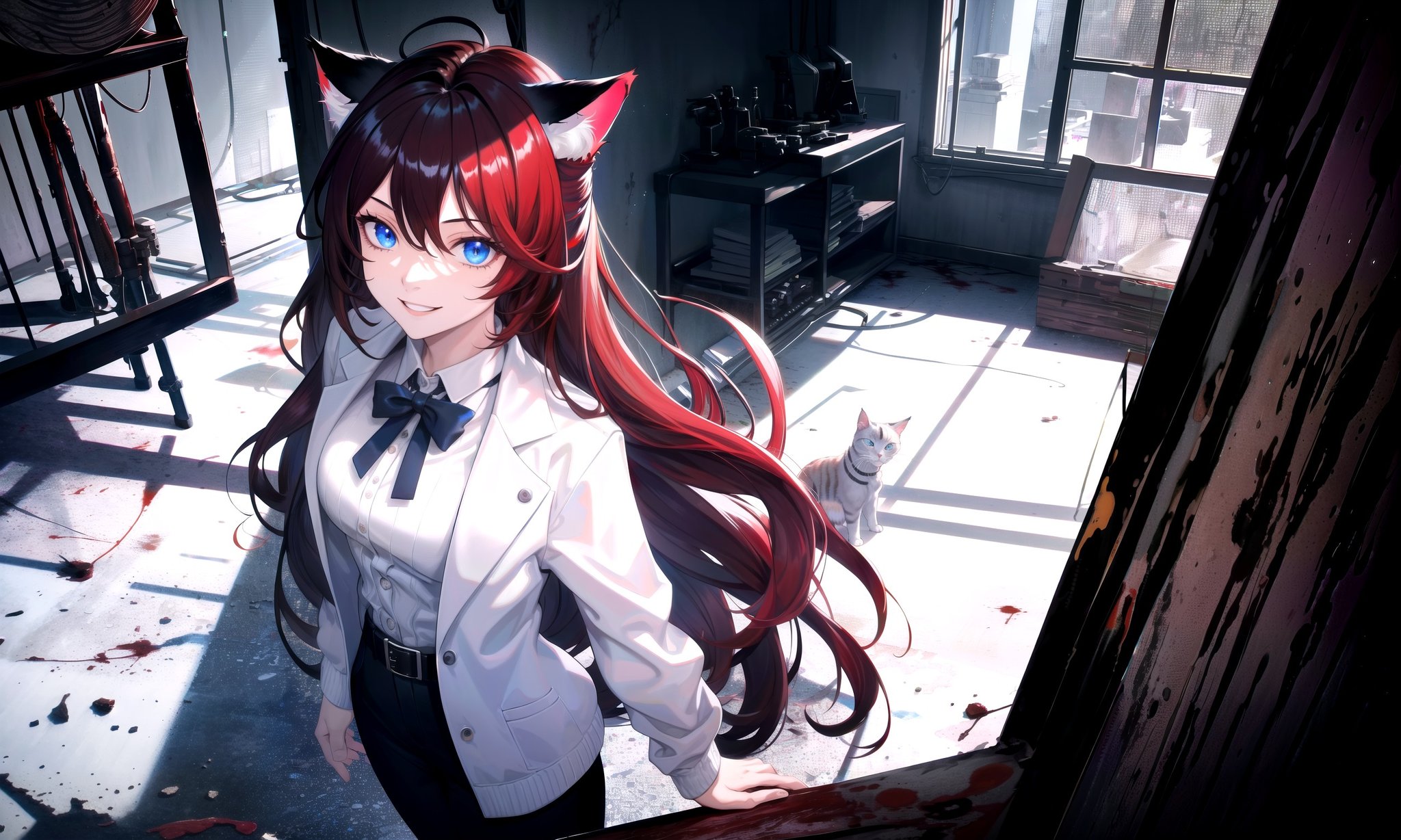 (masterpiece, best quality, highres), 1girl, solo, close-up, pov, no humans, from above,mad scientist, (backrooms, horror \(theme\)), indoors, dark, rim lighting, blood, pitch black,BREAKdark red hair, (long hair:0.8), blue eyes, straight hair, cat ears, crazy smile,(medium breasts:0.8), mature female, white sweater,