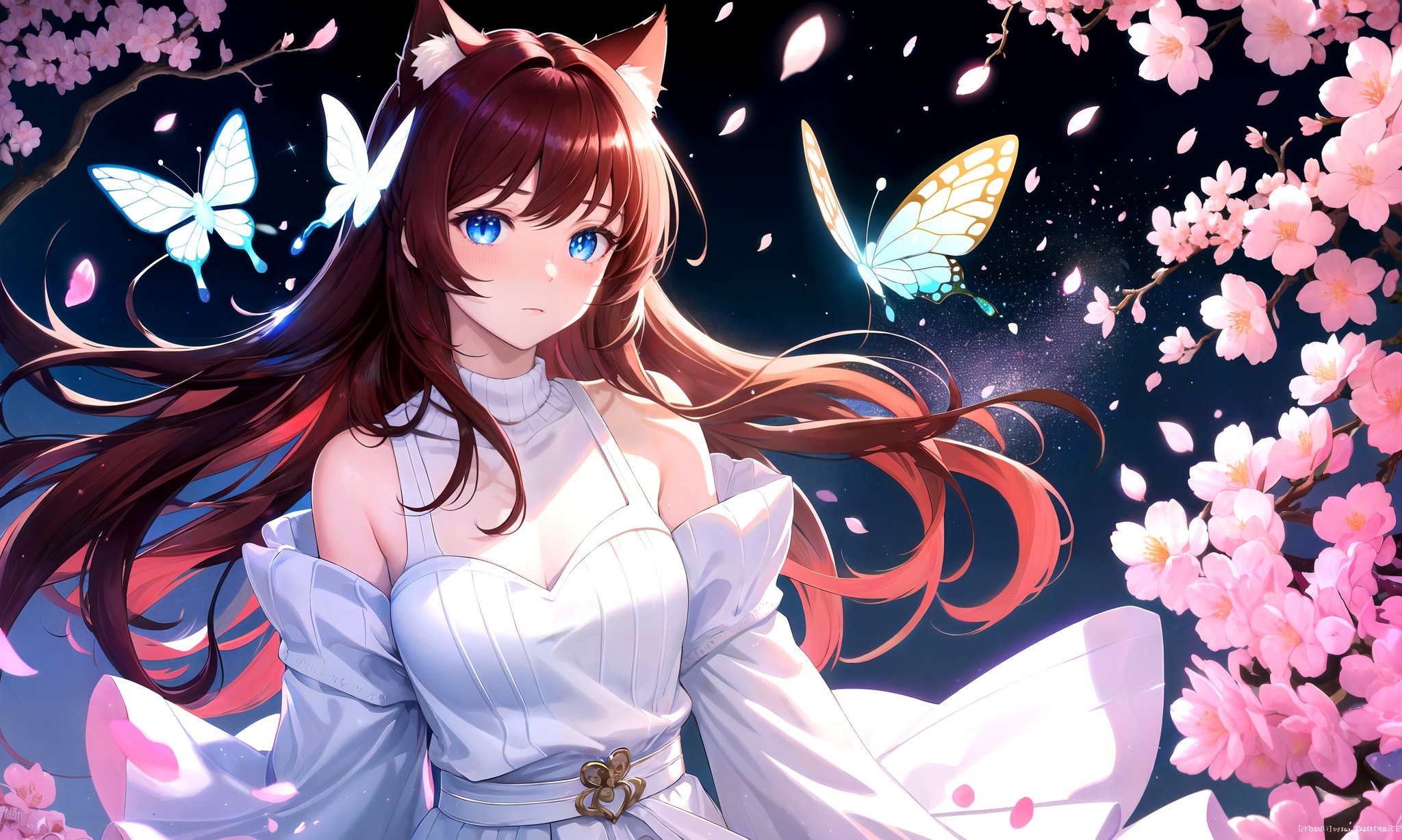 (masterpiece, best quality, highres), 1girl, solo, pov,BREAKblack background, abstract, dark background,flowers, petals, rim lighting, crystals, butterfly, aura, cherry blossoms,lens flare, light scatter, depth of field, lens refraction,BREAKdark red hair, (long hair:0.9), blue eyes, straight hair, cat ears, blush,(medium breasts:0.75), mature female, white sweater,