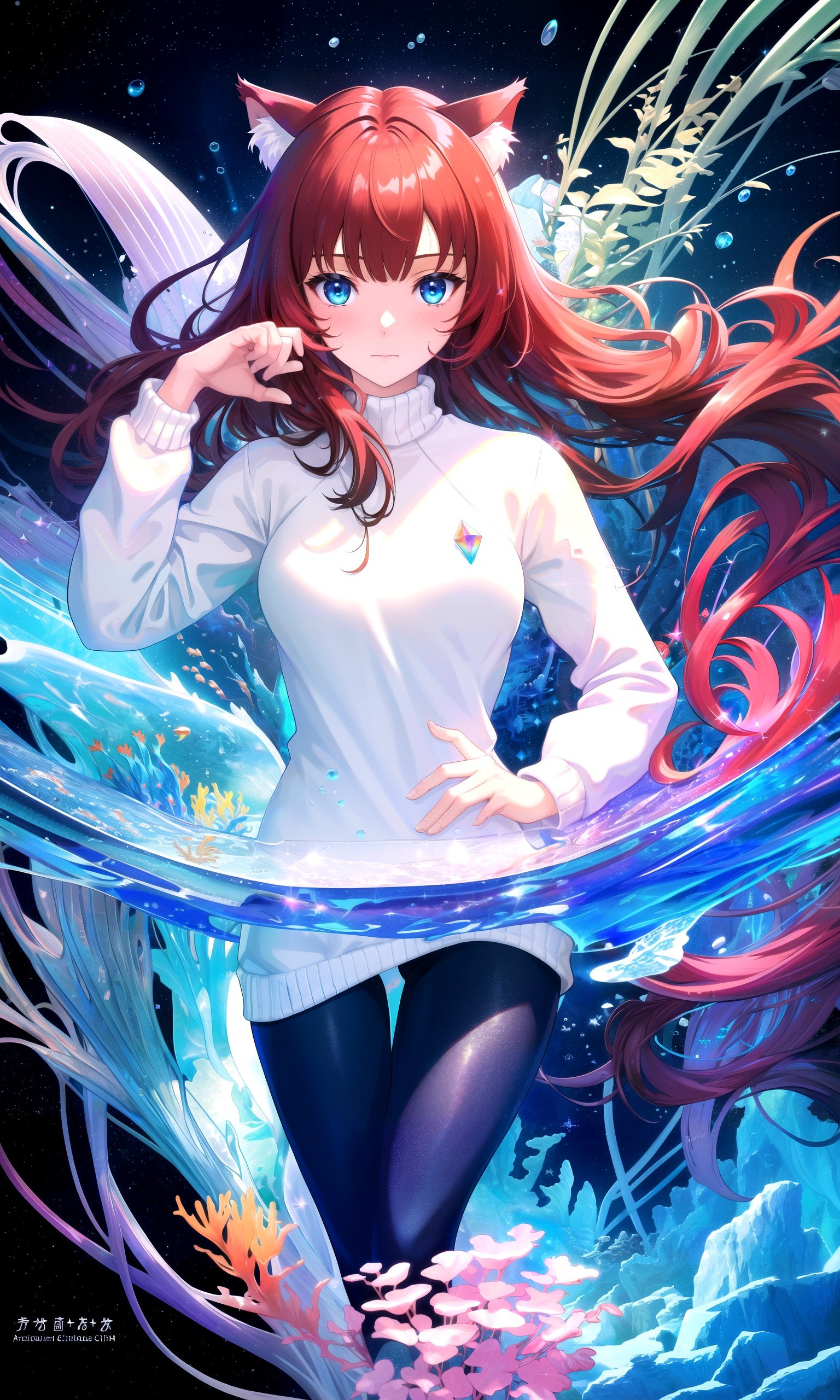 (masterpiece, best quality, highres), 1girl, solo, abstract,BREAK(fractals:1.28), (lineart background:1.1), colorful background, marine, fish,underwater, ocean, rim lighting, crystals, vegetation, aura, magic, lens flare, light scatter, depth of field, lens refraction,BREAKdark red hair, (long hair:0.8), blue eyes, straight hair, cat ears, blush,(medium breasts:0.8), mature female, (white sweater:1.1),