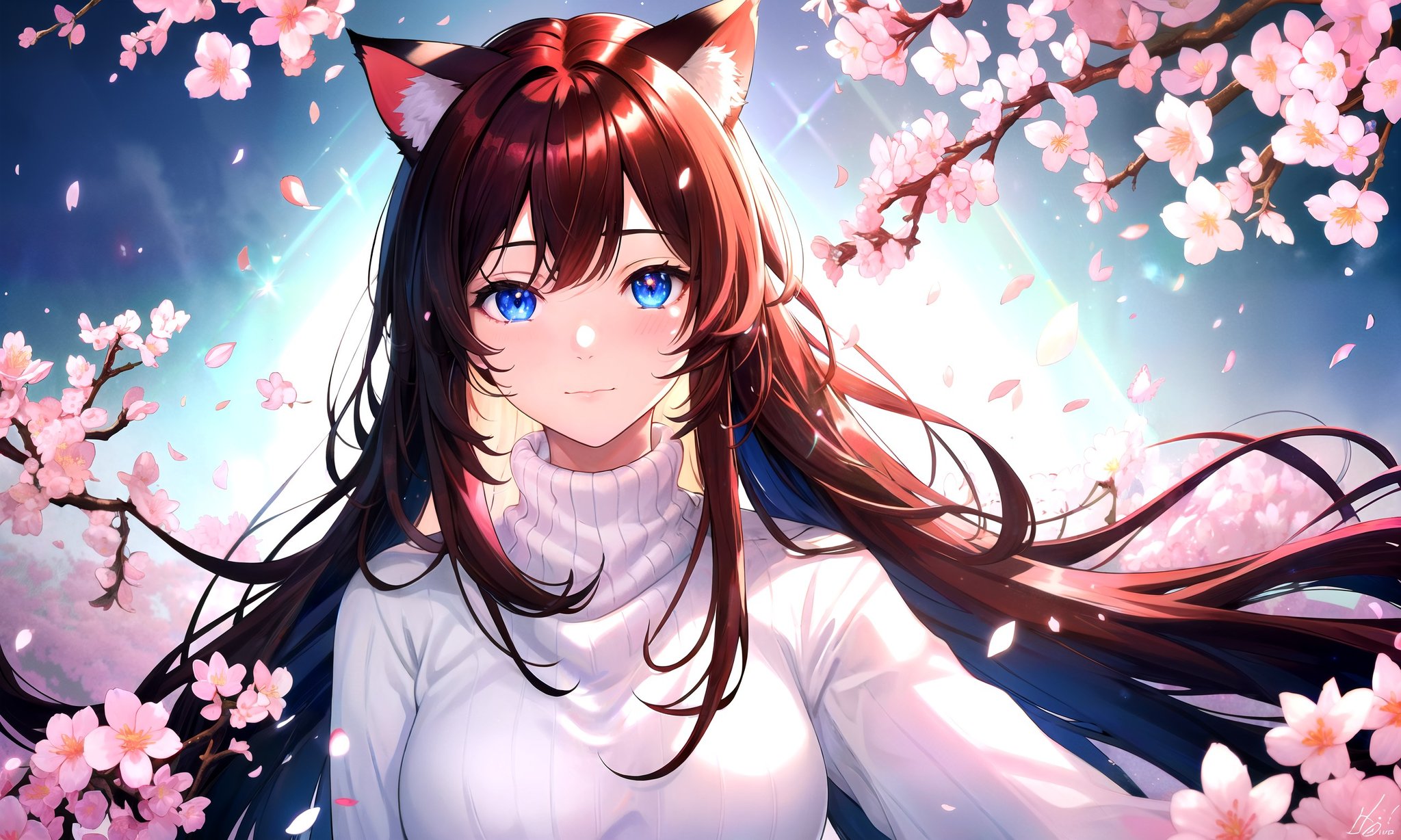 (masterpiece, best quality, highres), 1girl, solo, pov, upper body,BREAKblack background, abstract, dark background,flowers, petals, rim lighting, crystals, butterfly, aura, cherry blossoms,lens flare, light scatter, depth of field, lens refraction,BREAKdark red hair, (long hair:0.9), blue eyes, straight hair, cat ears, blush,(medium breasts:0.75), mature female, white sweater, slight smile,