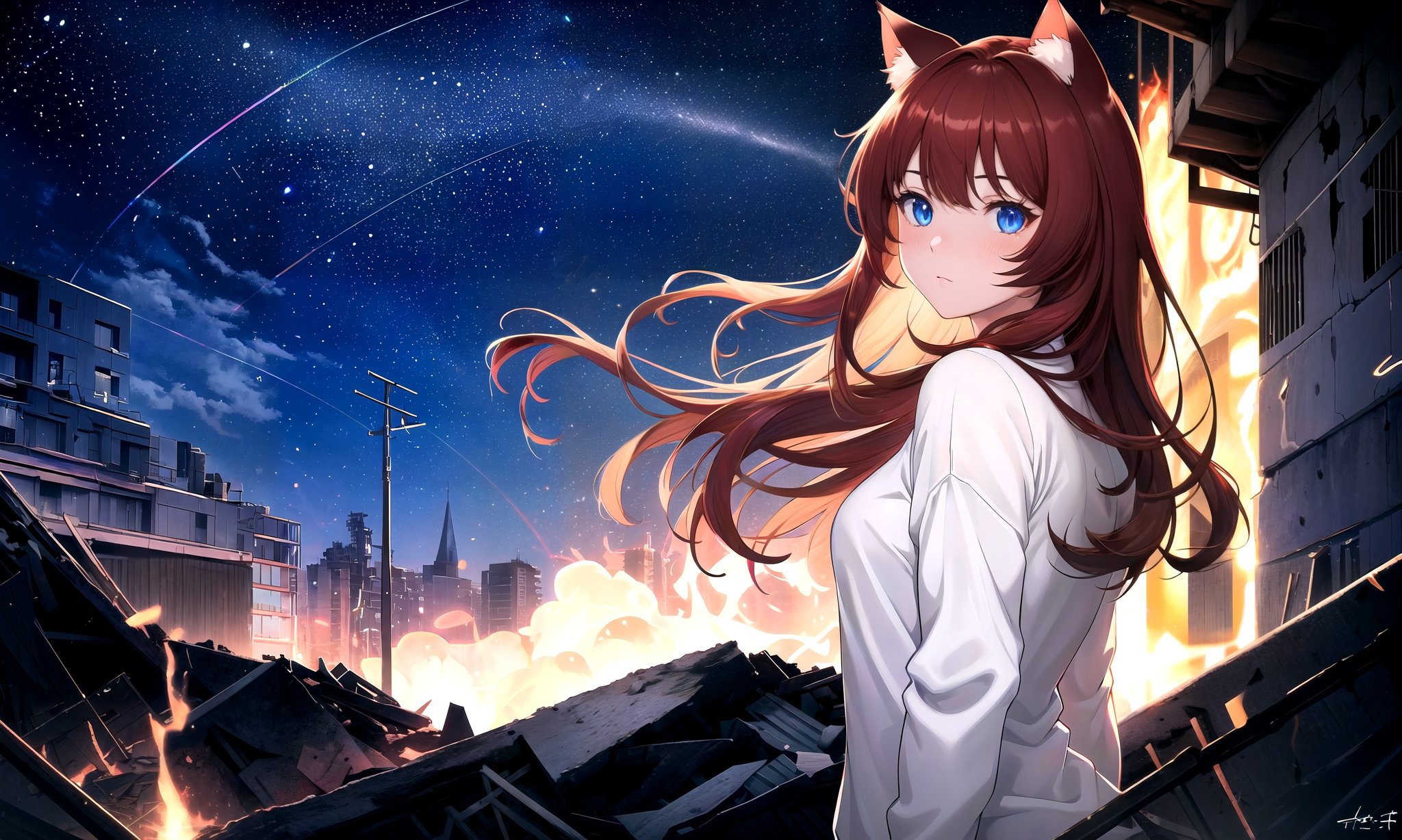 (masterpiece, best quality, highres), 1girl, solo, pov, looking back, upper body,BREAKexplosion, collapsed buildings, post-apocalypse, night, nuclear, magic, fire,lens flare, light scatter, depth of field, lens refraction,BREAKdark red hair, (long hair:0.9), blue eyes, straight hair, cat ears,(medium breasts:0.75), mature female, white sweater, blush, looking at viewer,