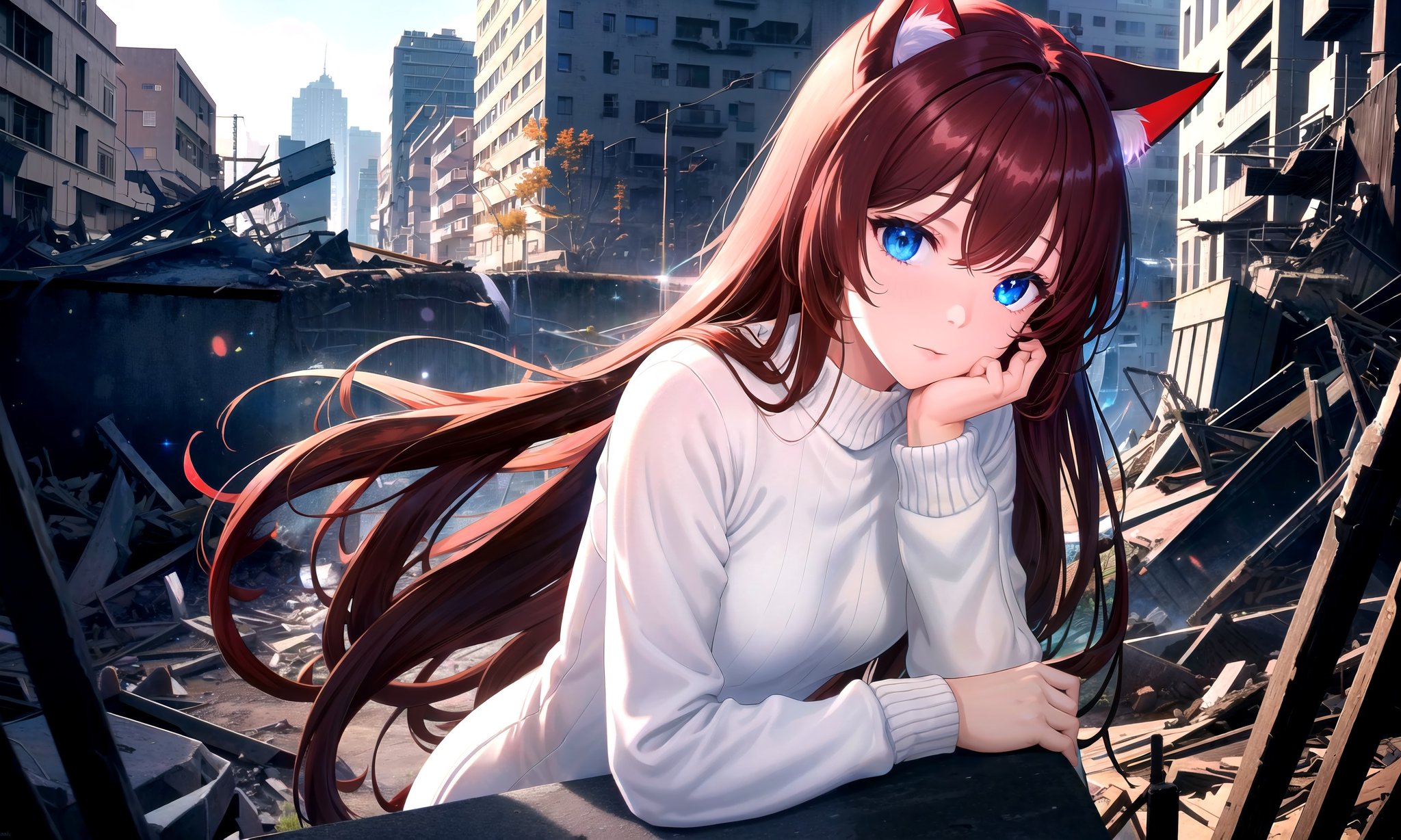 (masterpiece, best quality, highres), 1girl, solo, pov,BREAKexplosion, collapsed buildings, post-apocalypse, night, nuclear, magic,lens flare, light scatter, depth of field, lens refraction,BREAKdark red hair, (long hair:0.9), blue eyes, straight hair, cat ears,(medium breasts:0.75), mature female, white sweater,