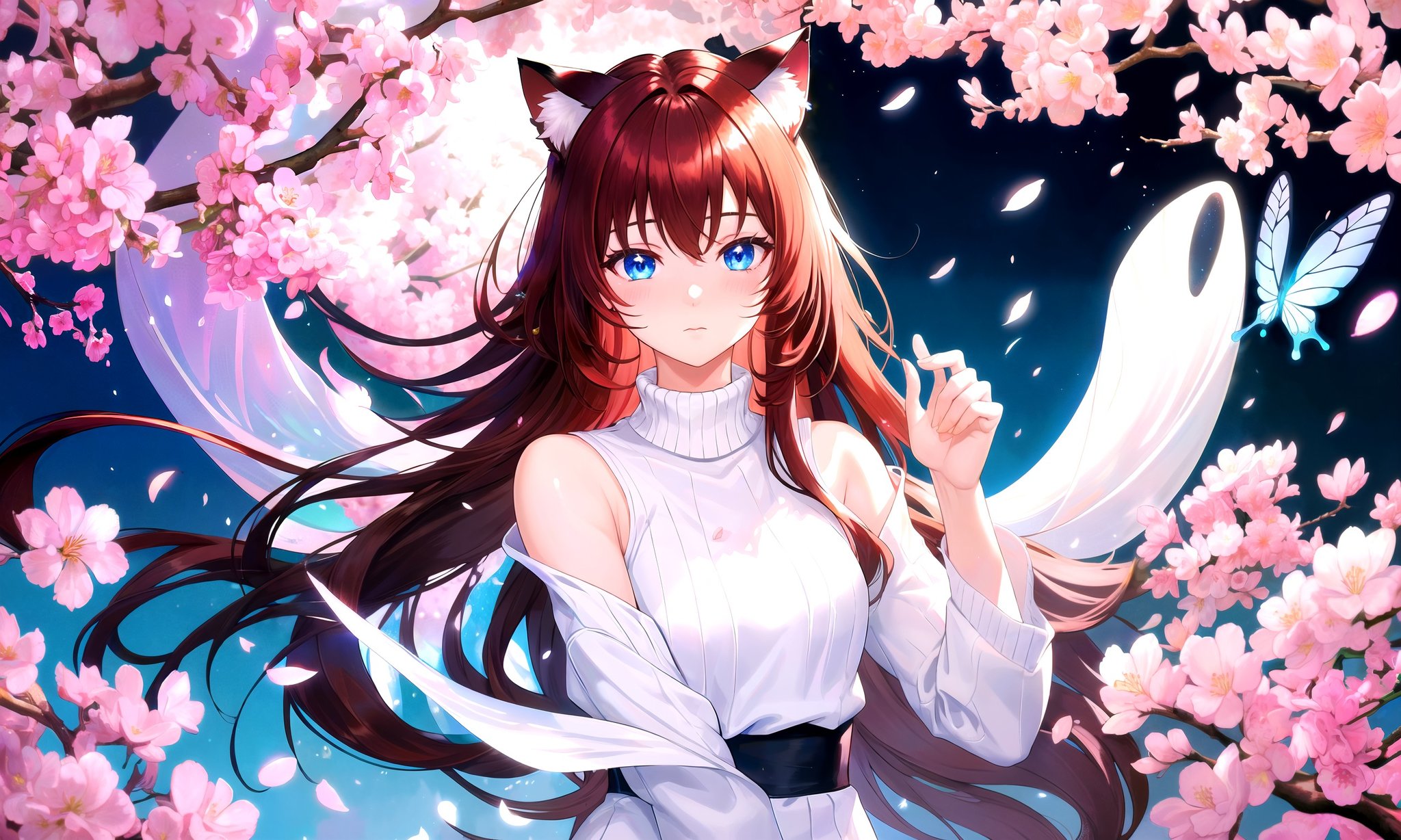 (masterpiece, best quality, highres), 1girl, solo, pov,BREAKblack background, abstract, dark background,flowers, petals, rim lighting, crystals, butterfly, aura, cherry blossoms,lens flare, light scatter, depth of field, lens refraction,BREAKdark red hair, (long hair:0.9), blue eyes, straight hair, cat ears, blush,(medium breasts:0.75), mature female, white sweater,