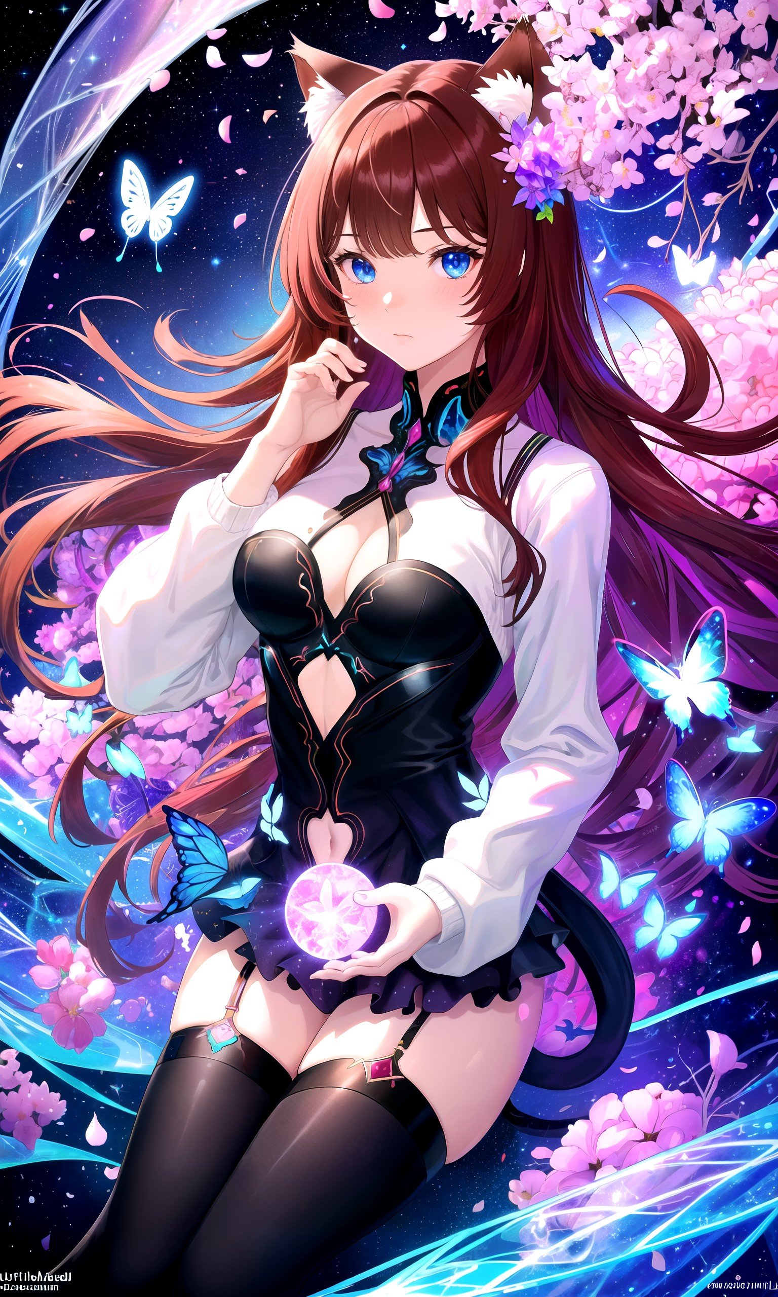 (masterpiece, best quality, highres), 1girl, solo, abstract,BREAK(fractals:1.28), (lineart background:1.1), colorful background,flowers, petals, rim lighting, crystals, butterfly, aura, magic,lens flare, light scatter, depth of field, lens refraction,BREAKdark red hair, (long hair:0.75), blue eyes, straight hair, cat ears, blush,medium breasts, mature female, white sweater, (fingers:0.8)