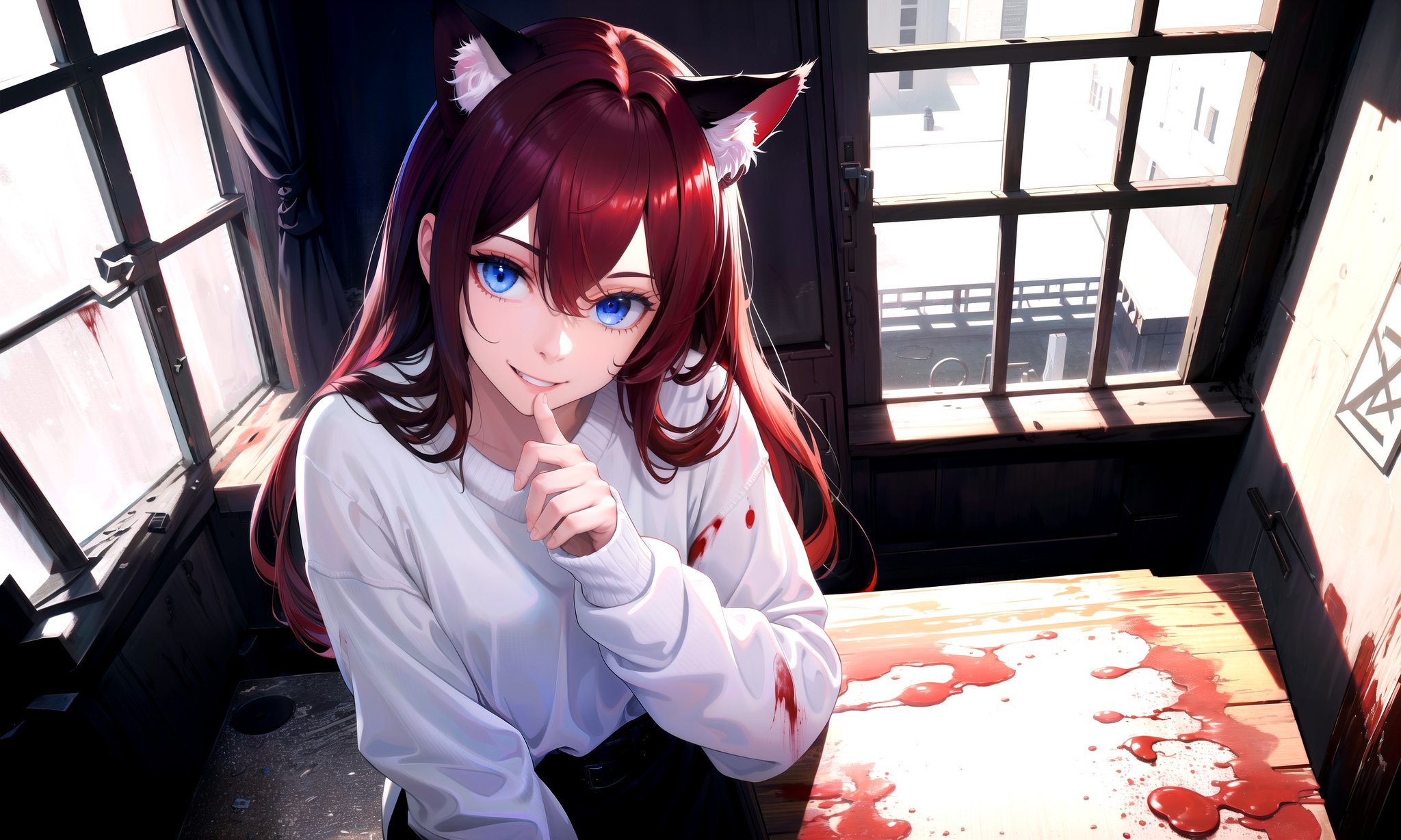 (masterpiece, best quality, highres), 1girl, solo, close-up, no humans, from above,(backrooms, horror \(theme\)), indoors, dark, rim lighting, blood,BREAKdark red hair, (long hair:0.8), blue eyes, straight hair, cat ears, crazy smile,(medium breasts:0.8), mature female, white sweater, (fingers:0.25)