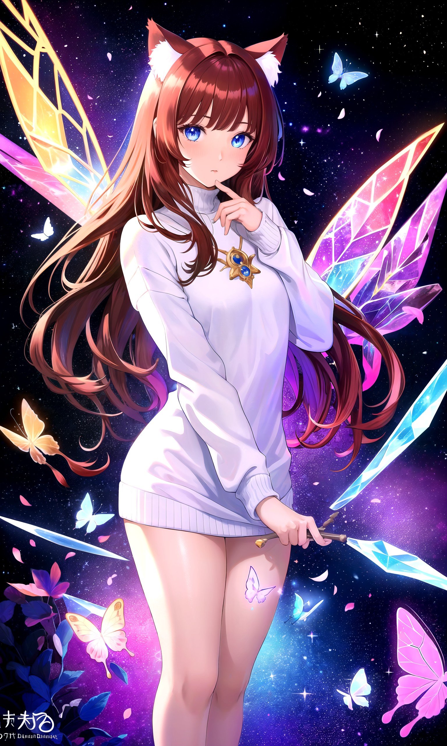 (masterpiece, best quality, highres), 1girl, solo, abstract, space, galaxy,BREAK(fractals:1.28), (lineart background:1.1), colorful background,flowers, petals, rim lighting, crystals, butterfly, aura, magic,lens flare, light scatter, depth of field, lens refraction,BREAKdark red hair, (long hair:0.8), blue eyes, straight hair, cat ears, blush,(medium breasts:0.8), mature female, white sweater, (fingers:0.8)