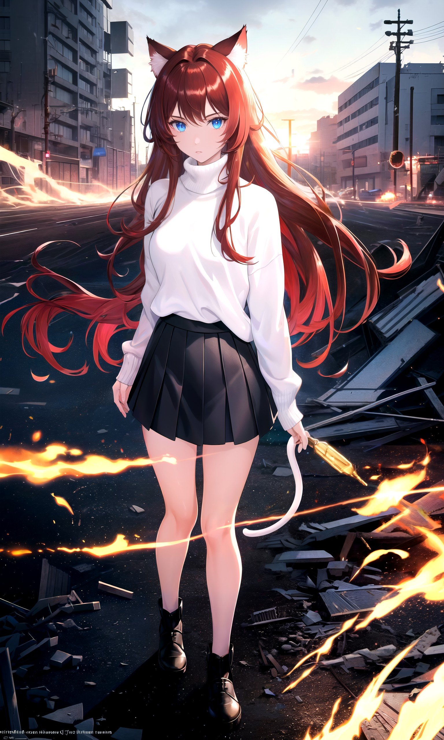 (masterpiece, best quality, highres), 1girl, solo, pov, full body,BREAKfire, explosion, collapsed buildings, post-apocalypse, night,lens flare, light scatter, depth of field, lens refraction,BREAKdark red hair, (long hair:0.9), blue eyes, straight hair, cat ears,(medium breasts:0.75), mature female, white sweater,