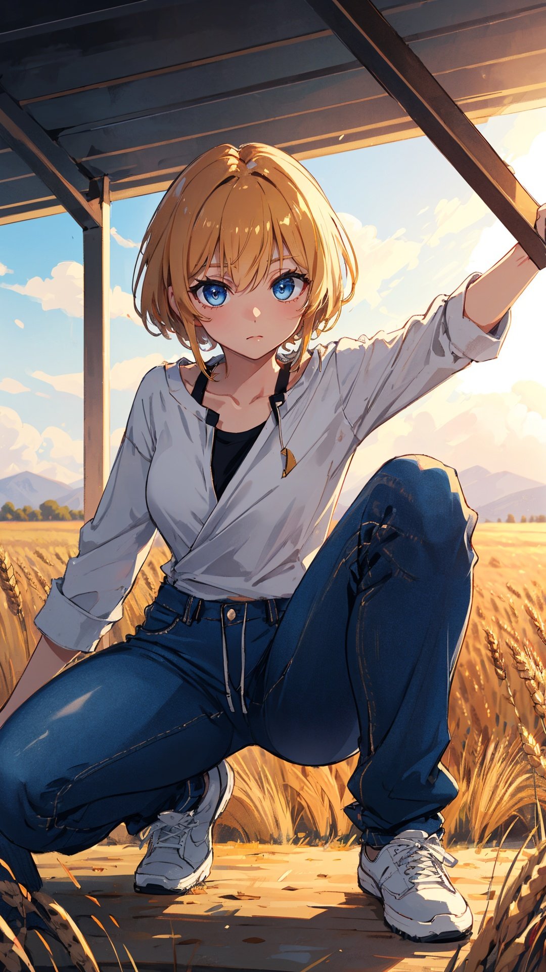 (high quality, best quality, 4k, 2k, (intricate:1.1), (high detail:1.3)), (Golden wheat fields stretching to the horizon, depth of field), (official wallpaper, volumetric lighting, dynamic lighting),
1girl, solo, Tan hair, Powder blue eyes, medium breasts,
Tousled Top with Taper Fade, Wrap-front blouse with a ruffled peplum hem., High-waisted denim jogger pants with a drawstring waist.,
Sarcasm,
looking at viewer, squatting
