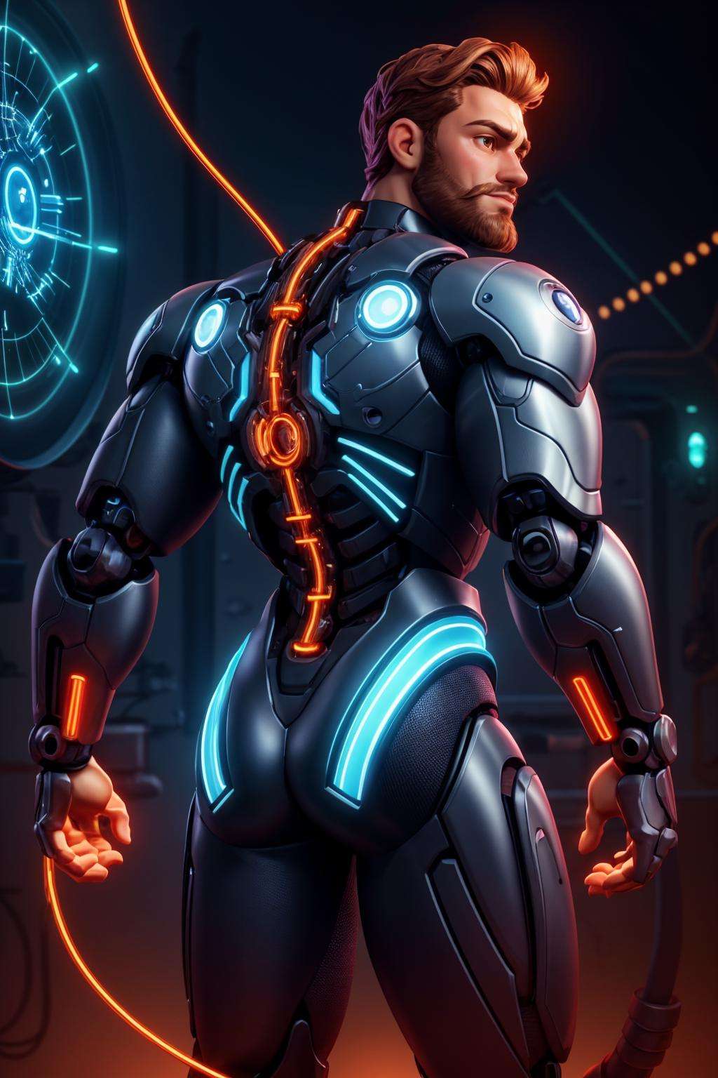 male cyborg with glowing mechanical parts, intricate mechanical details, glowing mechanical joints, wire, cable, science fiction, headshot portrait, upper chest, futuristic fantasy background, sleek futuristic design, looking at viewer, beard, back, muscular, scifi factory, best quality, masterpiece, highly detailed, realistic, (detailed background), depth of field, soft focus, intricate details, 8k, cartoon, 3d, photo of a man,