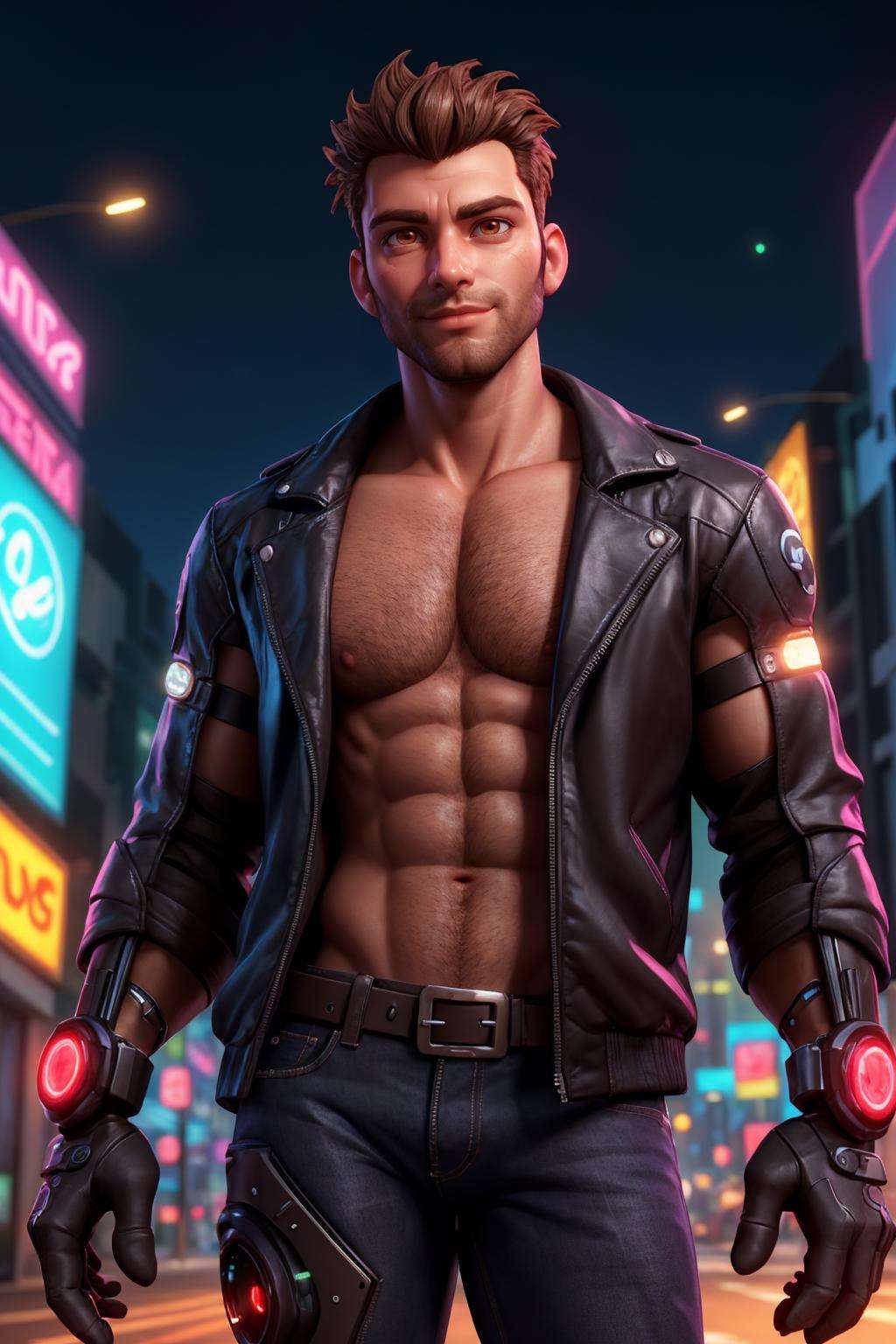 wearing futuristic black jacket with glowing lining, neon city lights, sharp focus, futuristic cyberpunk city street, soft lighting, (smirk:0.7), (face portrait), (close up:1), cybernetic parts, science fiction, pectorals, glowing cybernetic eyes, (brown eyes), looking away, muscular, best quality, masterpiece, highly detailed, realistic, (detailed background), depth of field, soft focus, intricate details, 8k, cartoon, 3d, photo of a man,