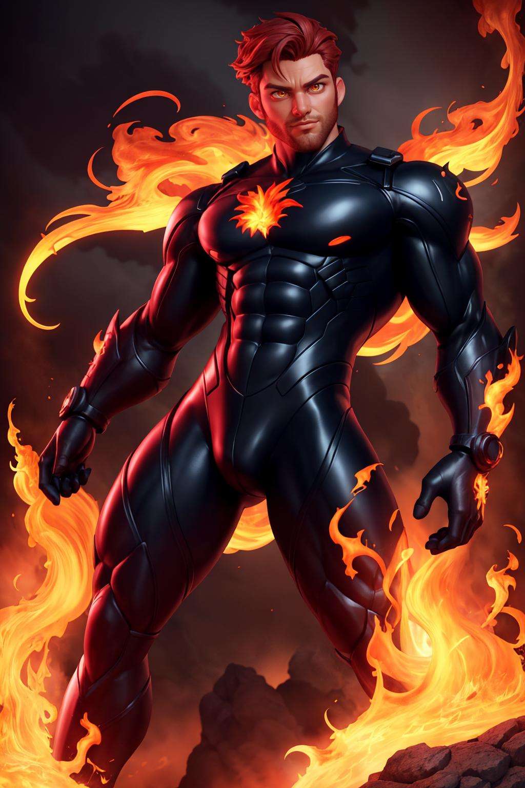 auburn hair, fair skin, hero bodysuit, glowing eyes, beautiful amber eyes, (hyperdefined), natural bright colours, unusual-angle, artwork, flames, steam, complex lighting,(fine-details:1.2), absurdres, flat-colors, ultradetailed, swirling flames around man, best quality, masterpiece, highly detailed, realistic, (detailed background), depth of field, soft focus, intricate details, 8k, cartoon, 3d, photo of a man,