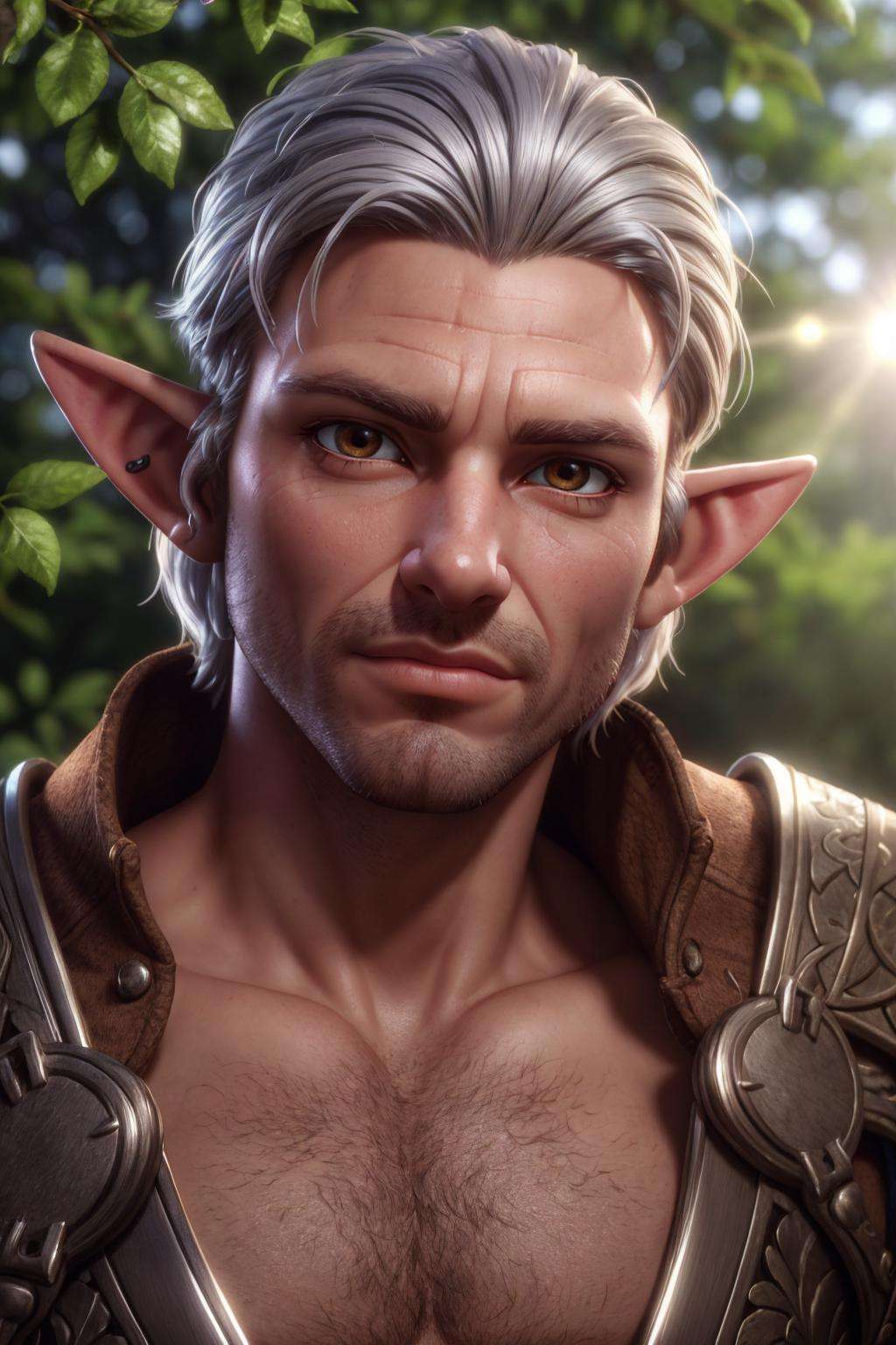 male elf, lotr, fantasy, silver hair, looking at viewer, detailed skin, High detail RAW color art, piercing, diffused soft lighting, shallow depth of field, sharp focus, cinematic lighting, (pointed ears), close up of face, wearing intricate medieval armor, metal reflections, sunlight, outdoors, stubble, (extreme close up:1), best quality, masterpiece, highly detailed, realistic, (detailed background), depth of field, soft focus, intricate details, 8k, cartoon, 3d, photo of a man,